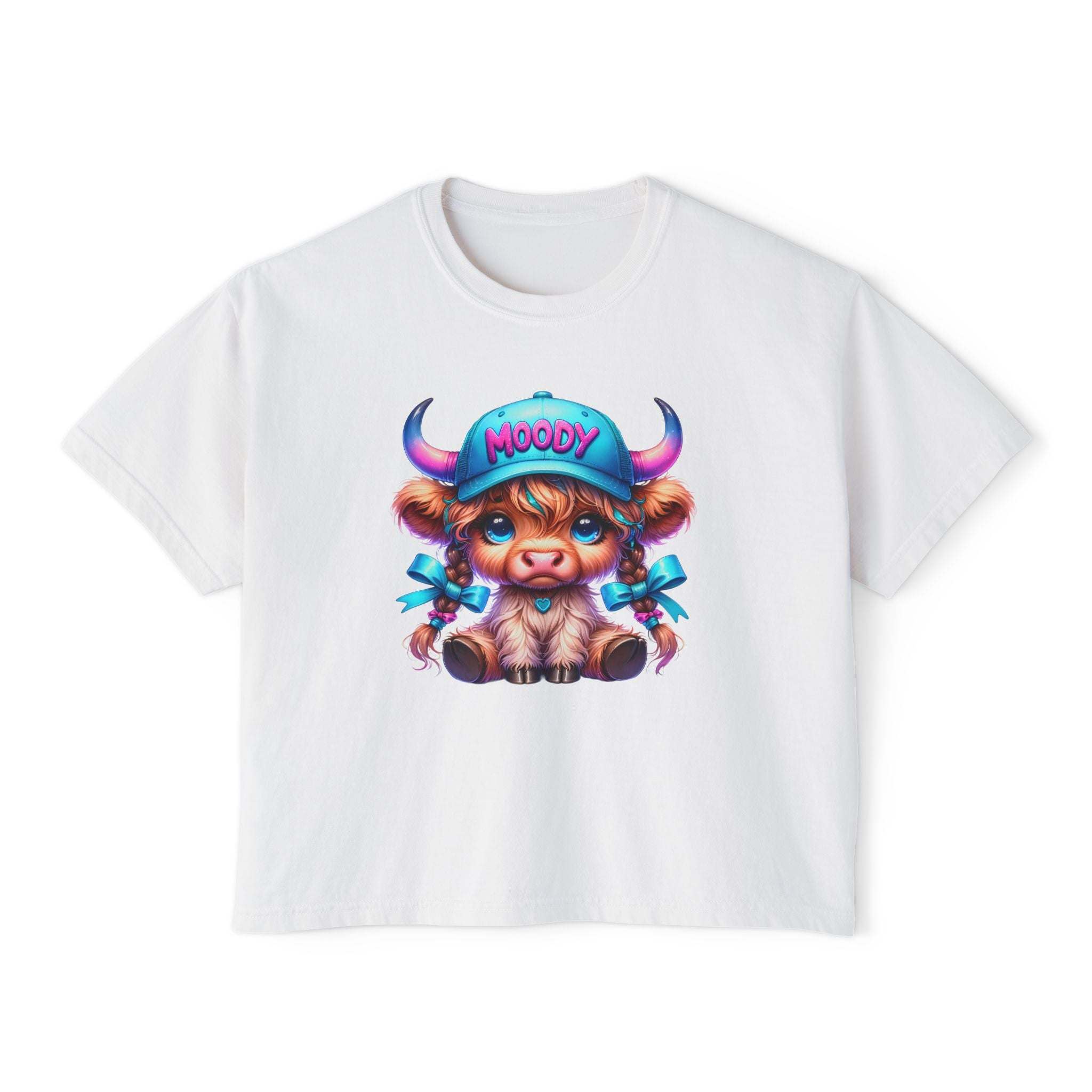 White women's boxy tee with moody girl highland cow graphic design