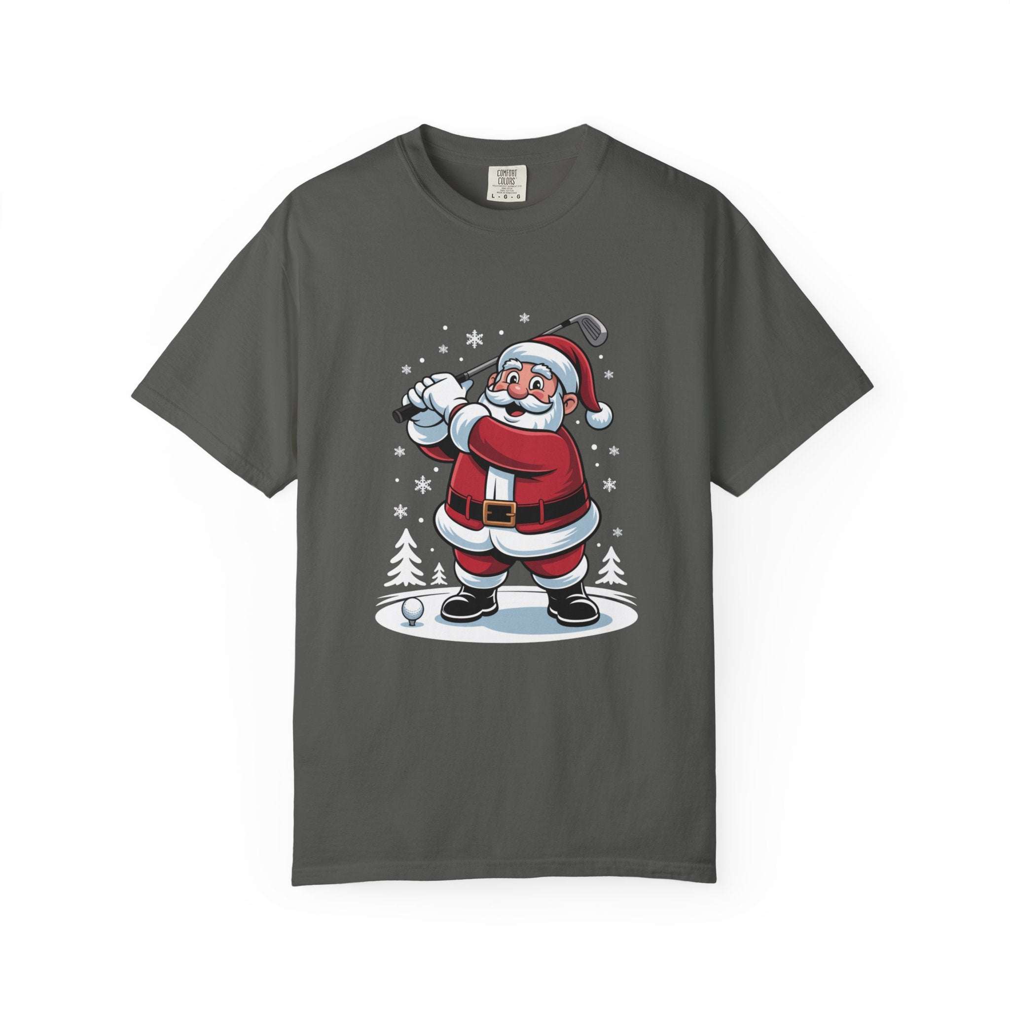 True Navy Santa Golfing unisex t-shirt featuring a festive holiday design, perfect for Christmas gifts.