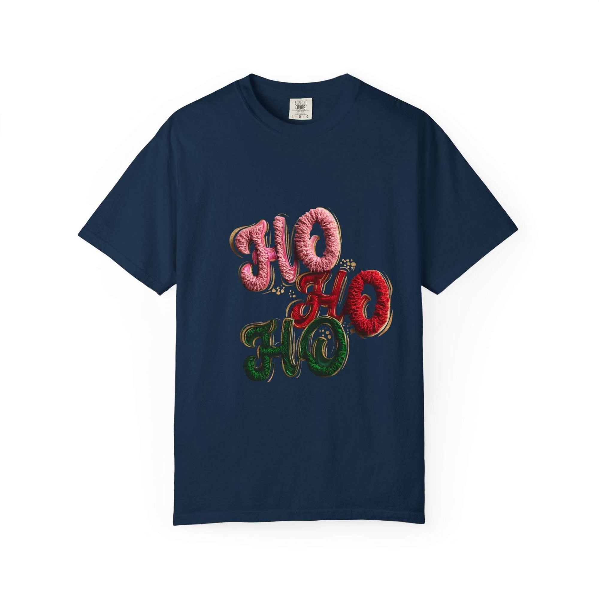 White Christmas graphic tee featuring faux puffy crochet 'Ho, Ho, Ho' design by Printify