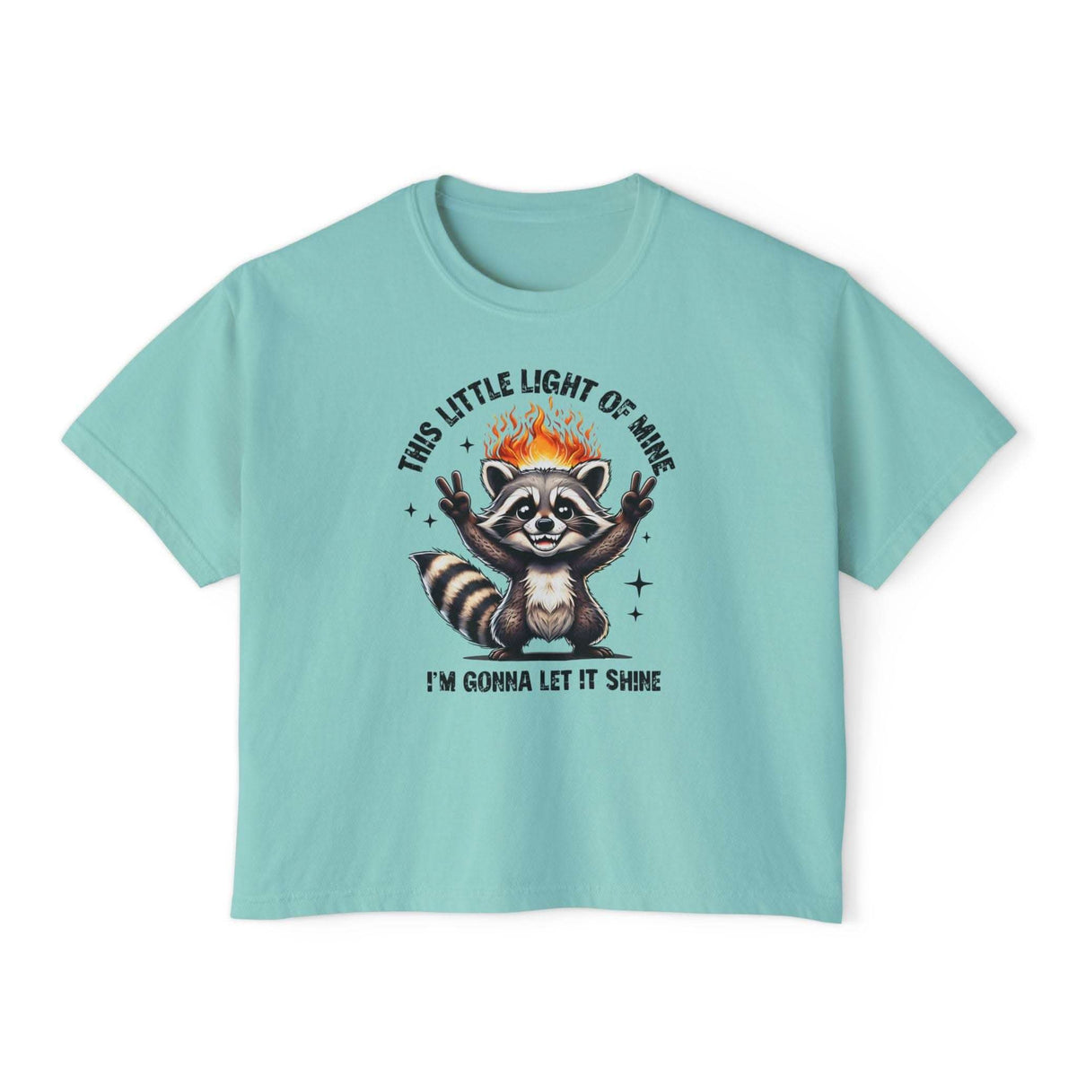 Light blue t-shirt with a raccoon graphic and text on a white background