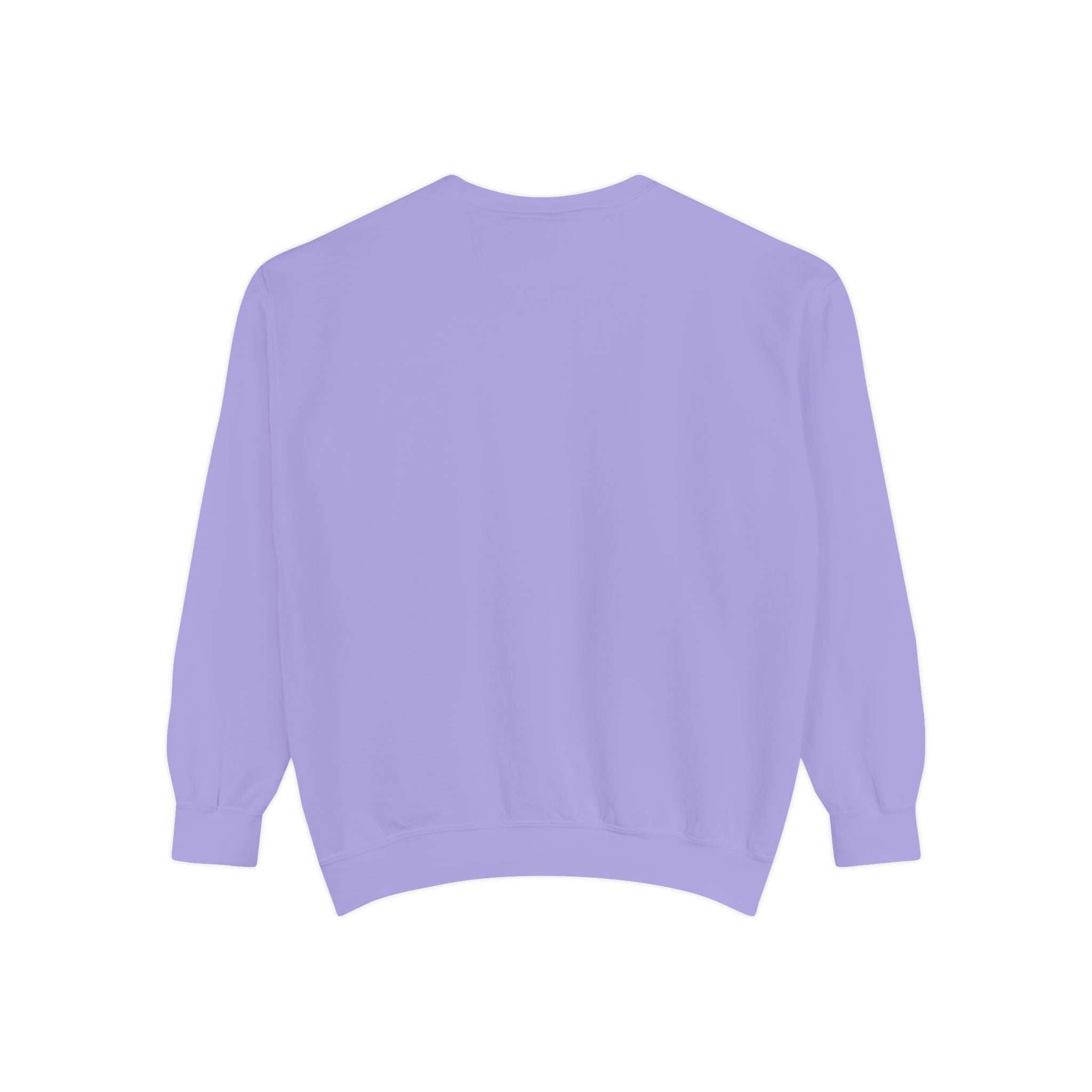 Back view of lilac unisex sweatshirt with ribbed cuffs and hem, soft cotton-polyester fabric, cozy holiday wear