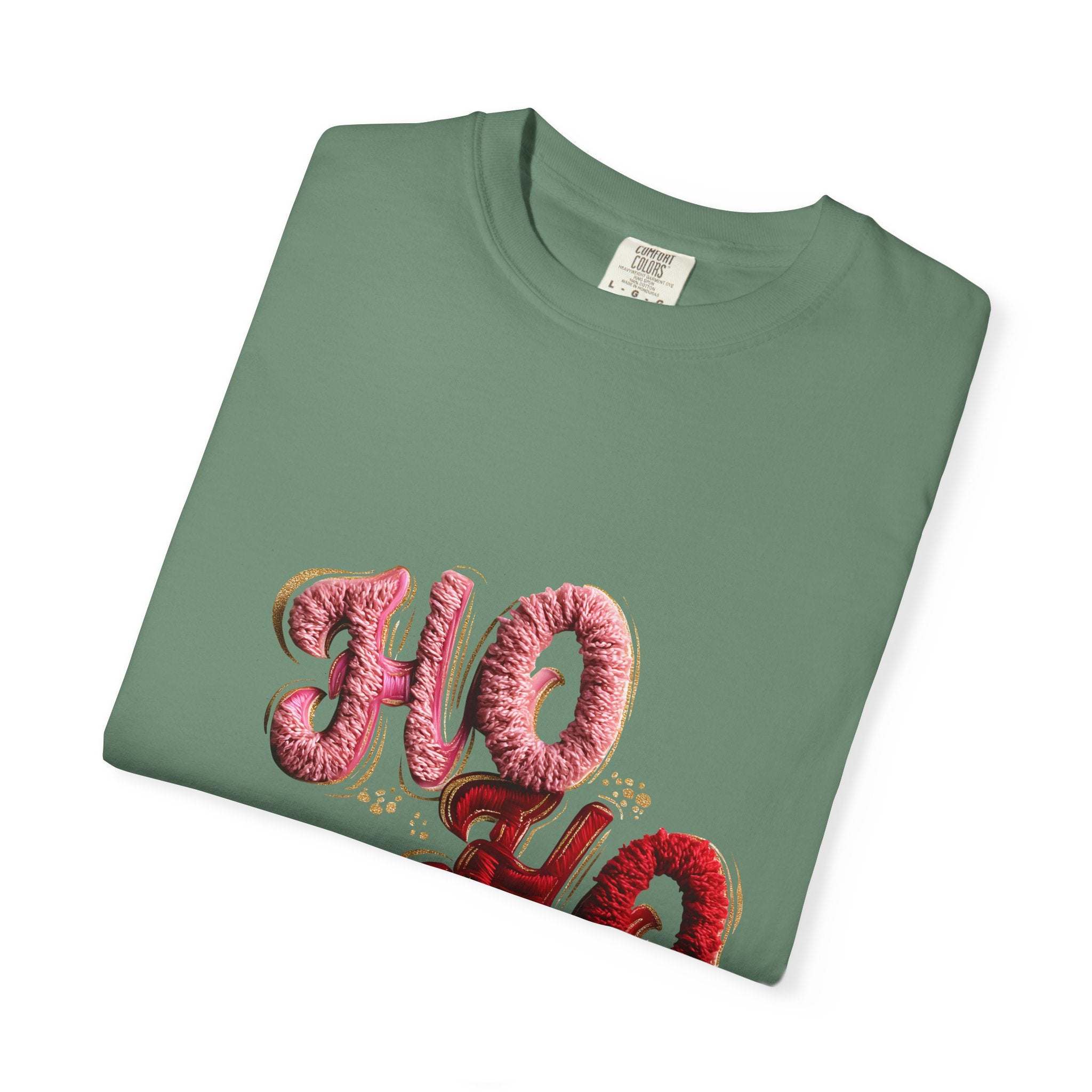 White Christmas graphic tee featuring faux puffy crochet 'Ho, Ho, Ho' design by Printify