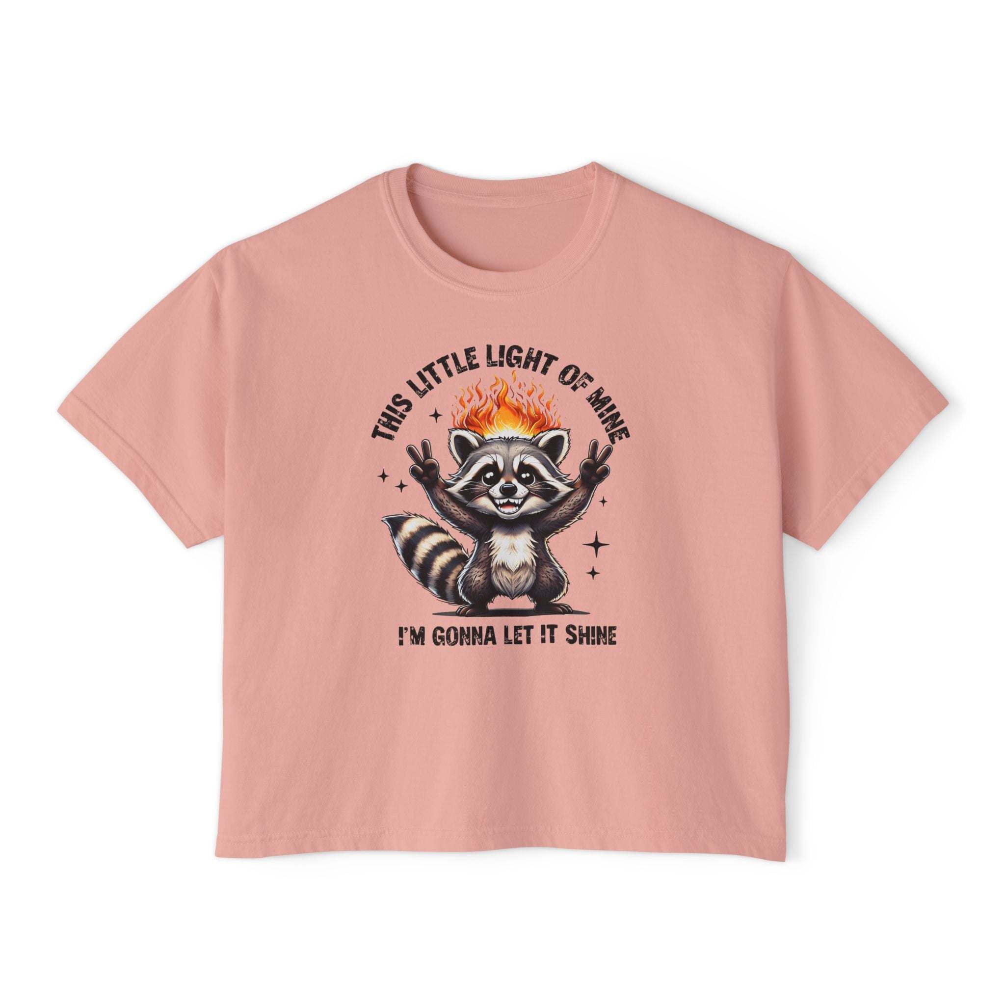 White women's boxy tee featuring a sarcastic raccoon design by Printify, ideal for casual wear and faith-based apparel.
