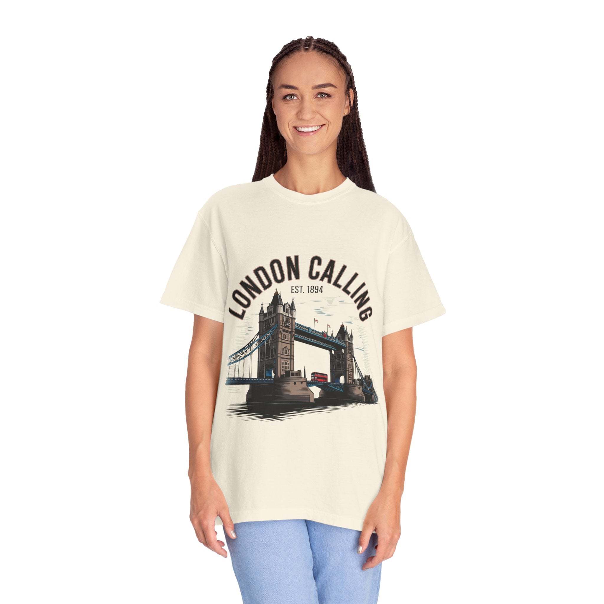 Unisex London Calling Travel T-shirt with Tower Bridge graphic, garment-dyed cotton, relaxed fit, and durable stitching