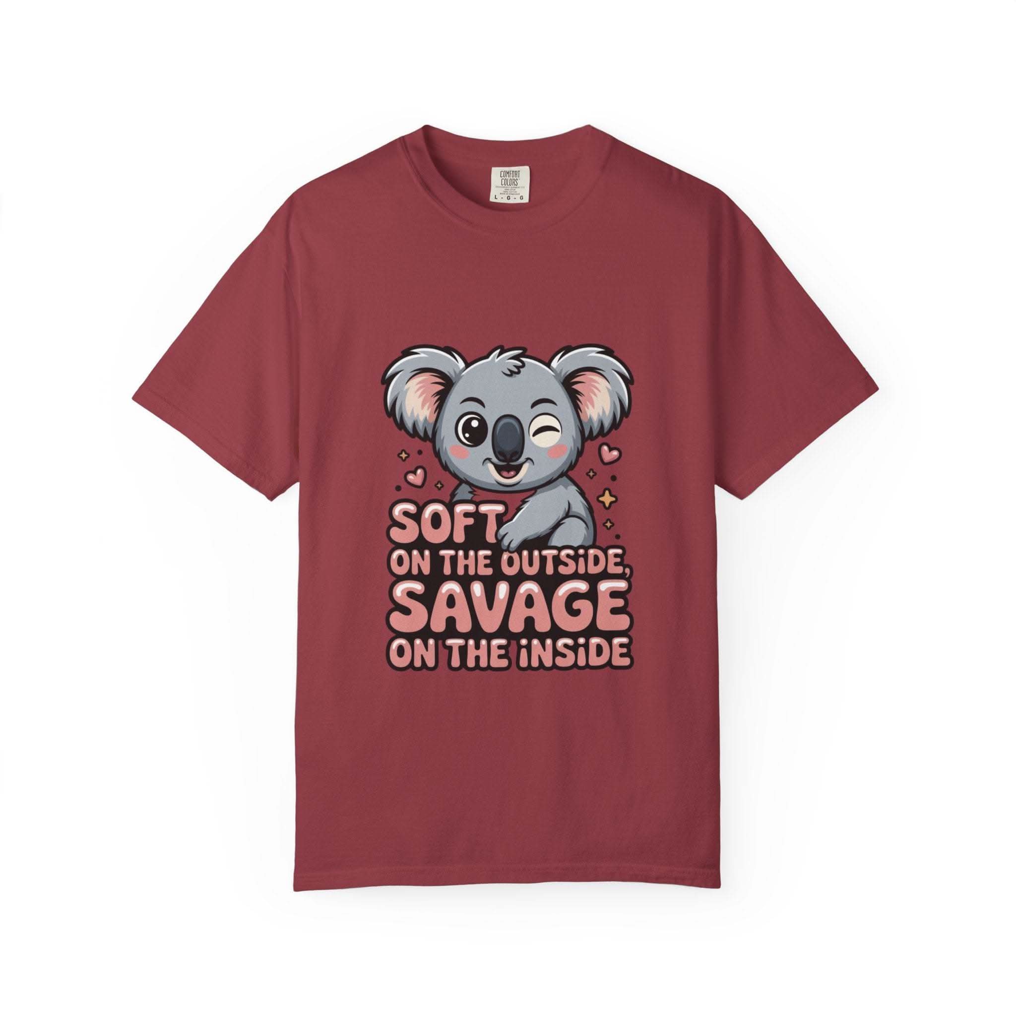 Soft on the Outside Savage on the Inside koala graphic maroon t-shirt with playful design