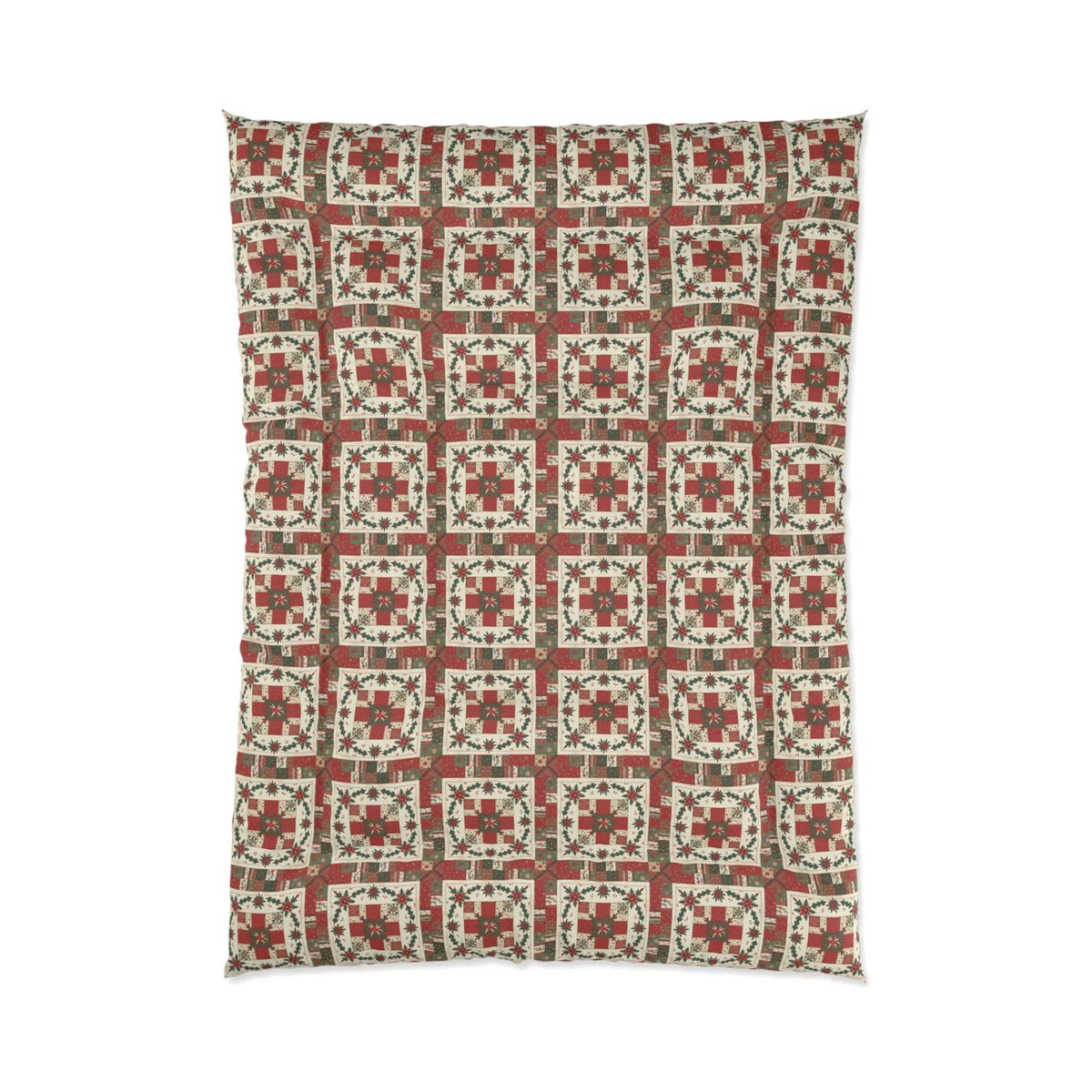 Rustic Patchwork Christmas Comforter with worn plaids and faded reds on cozy holiday bedding