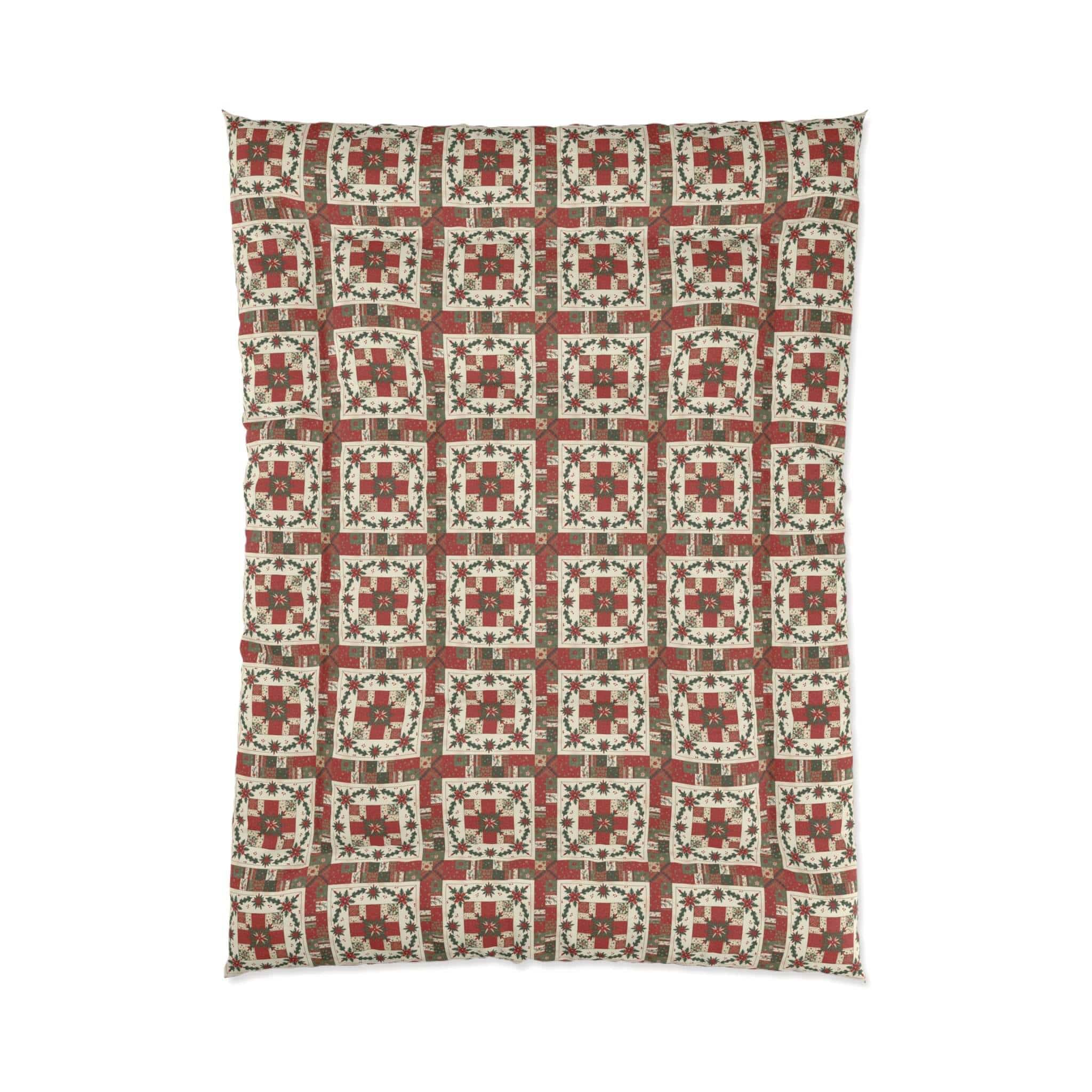 Rustic Patchwork Christmas Comforter with worn plaids and faded reds on cozy holiday bedding