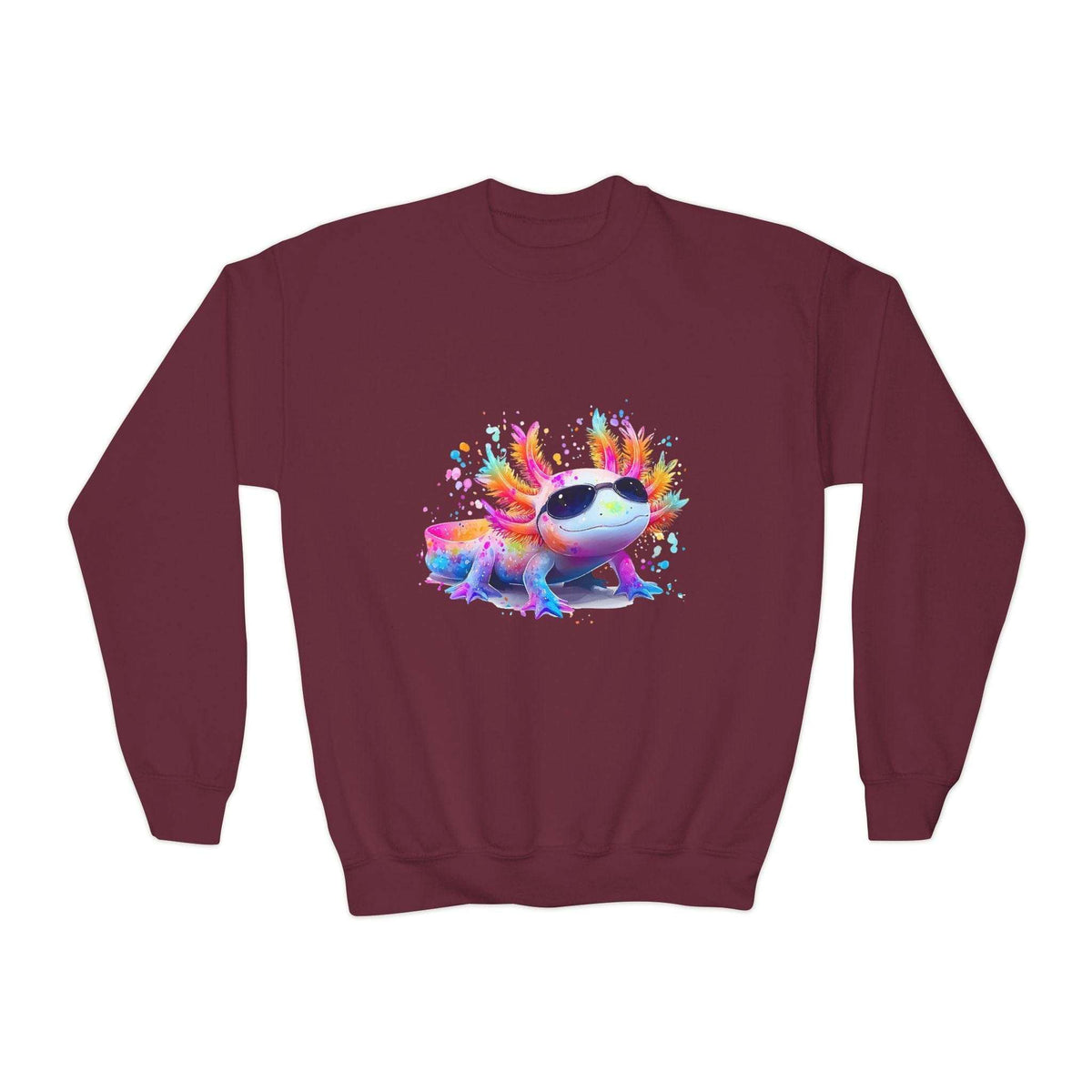 Maroon kids sweatshirt featuring a colorful axolotl design, from Printify, size XS