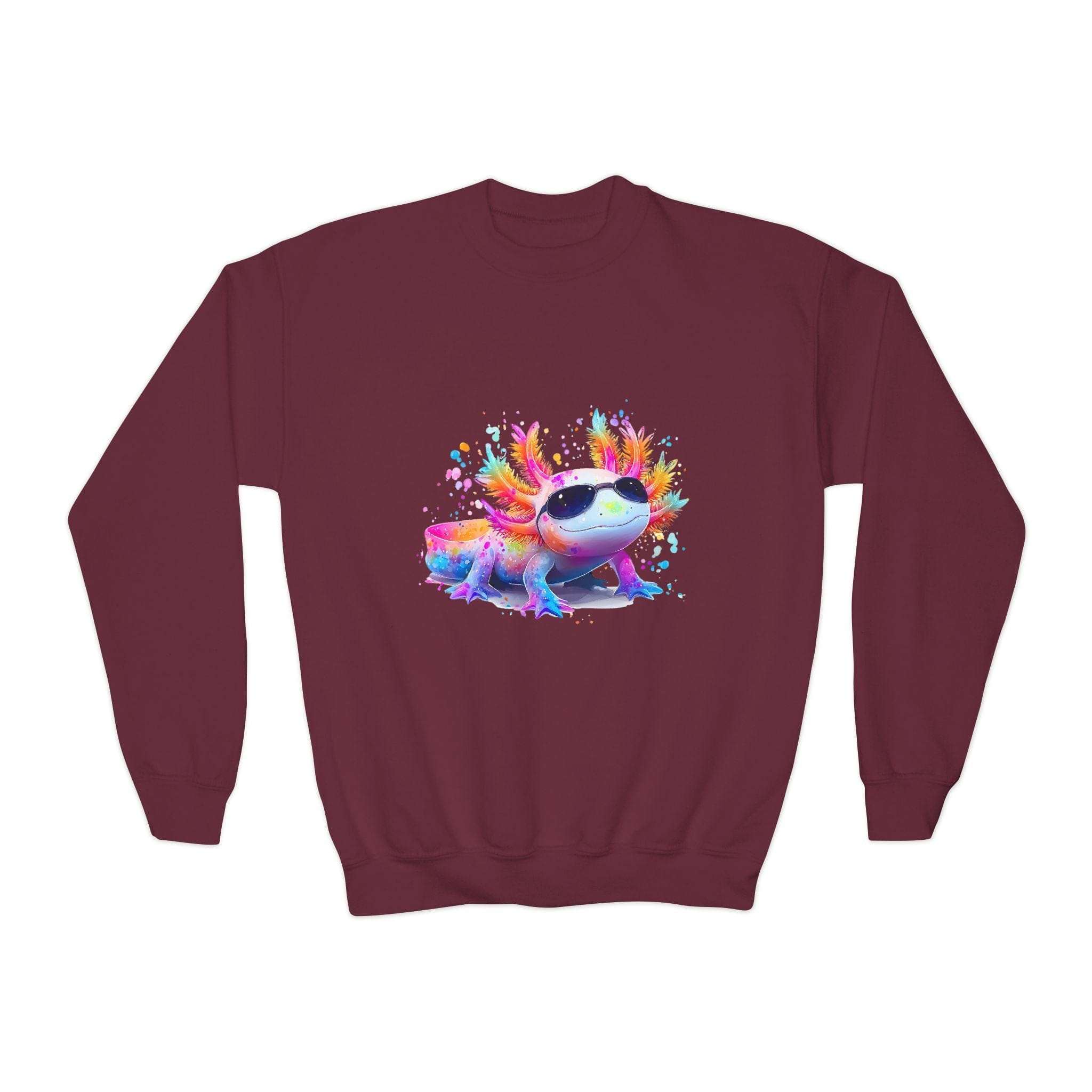 Maroon kids sweatshirt featuring a colorful axolotl design, from Printify, size XS