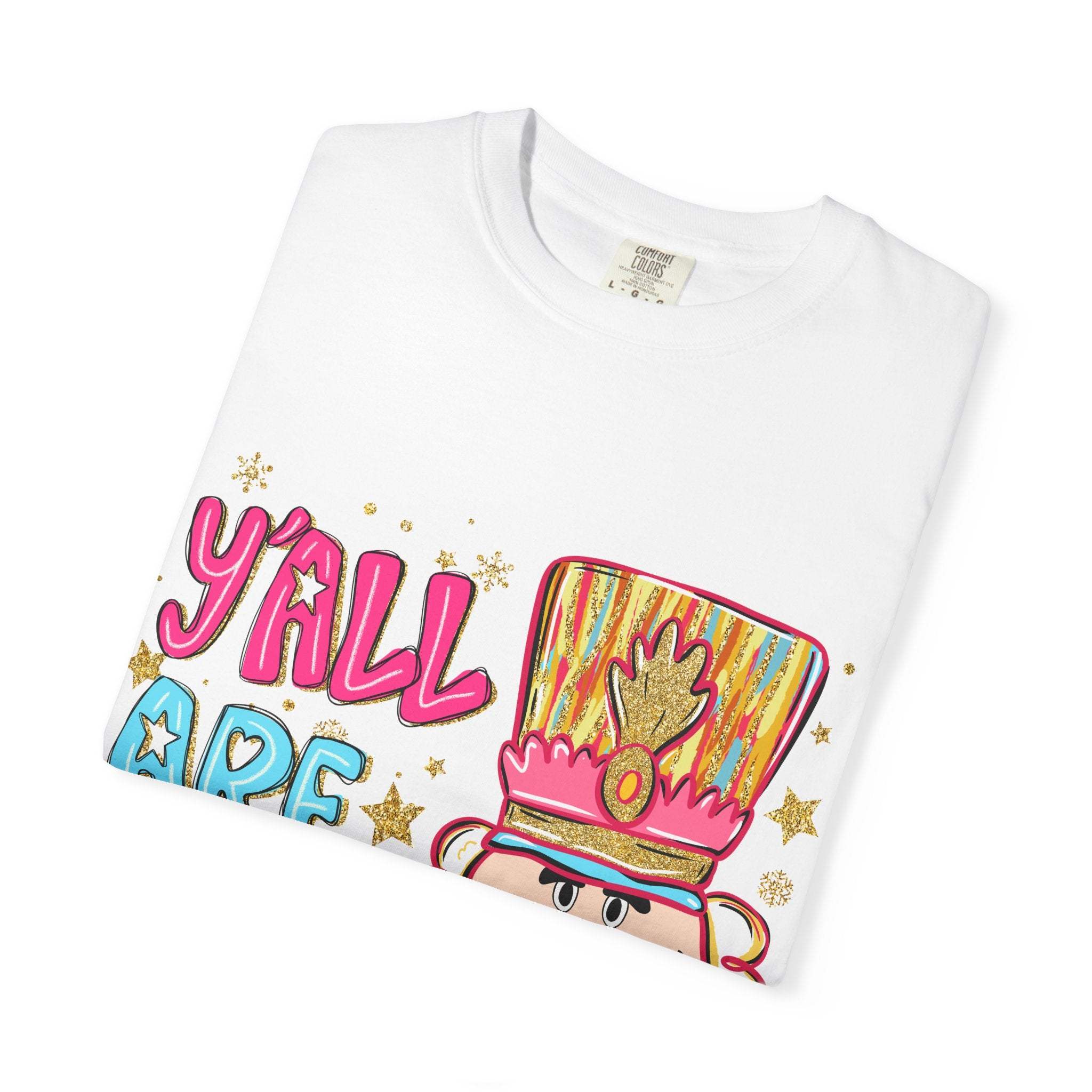 White preppy Yall Are Nuts Nutcracker T-shirt with colorful festive design and cotton fabric