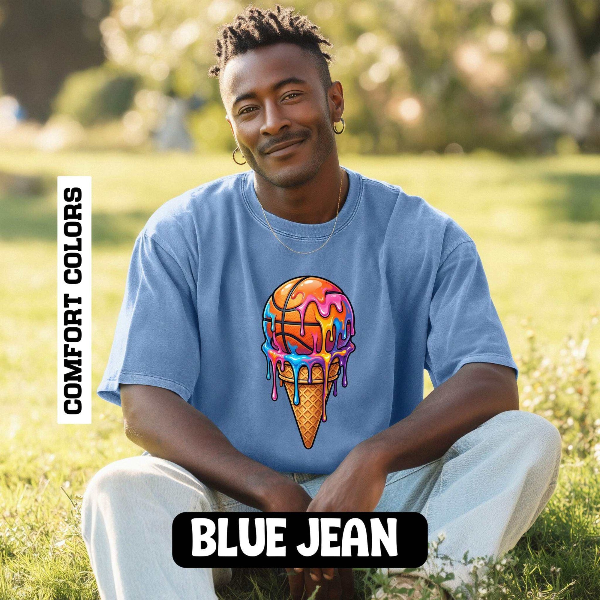 Colorful dripping ice cream cone graphic on relaxed-fit neon tee