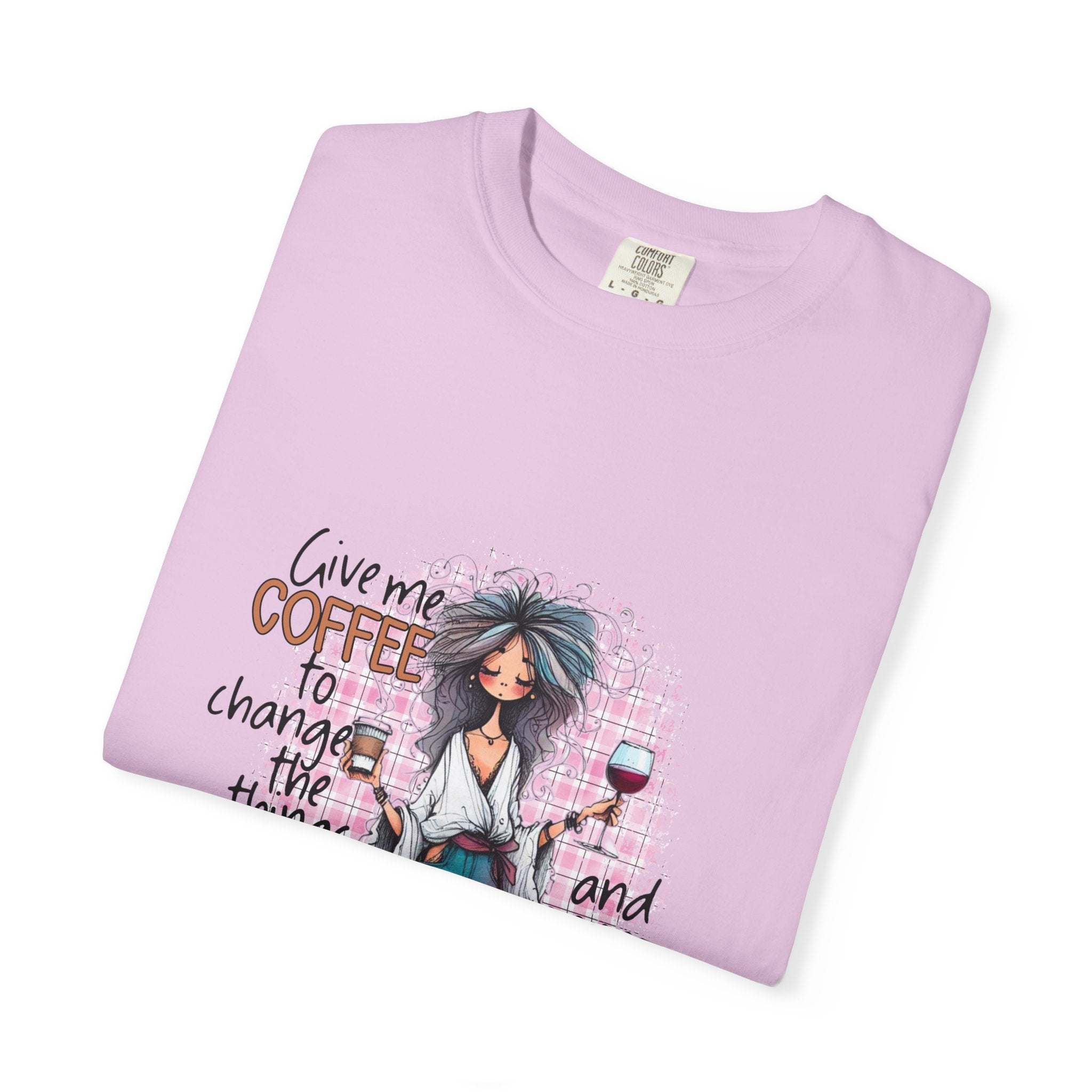 Coffee and Wine unisex T-shirt with funny quote and cozy design in light purple color