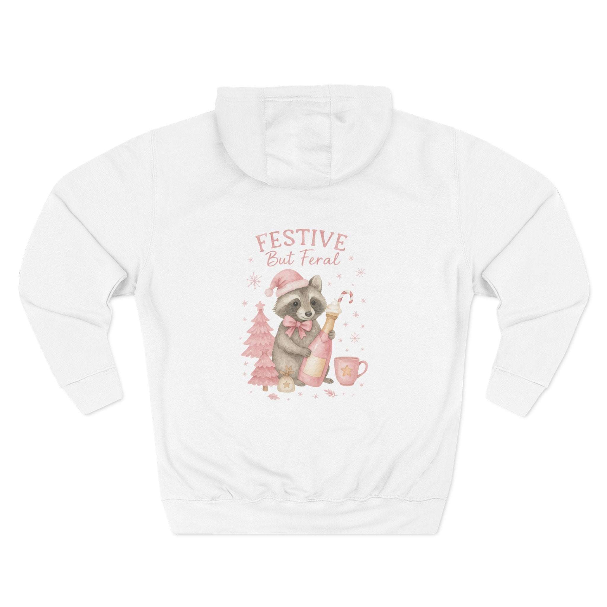 White fleece hoodie with festive raccoon and holiday design on back, adjustable hood and spacious pocket