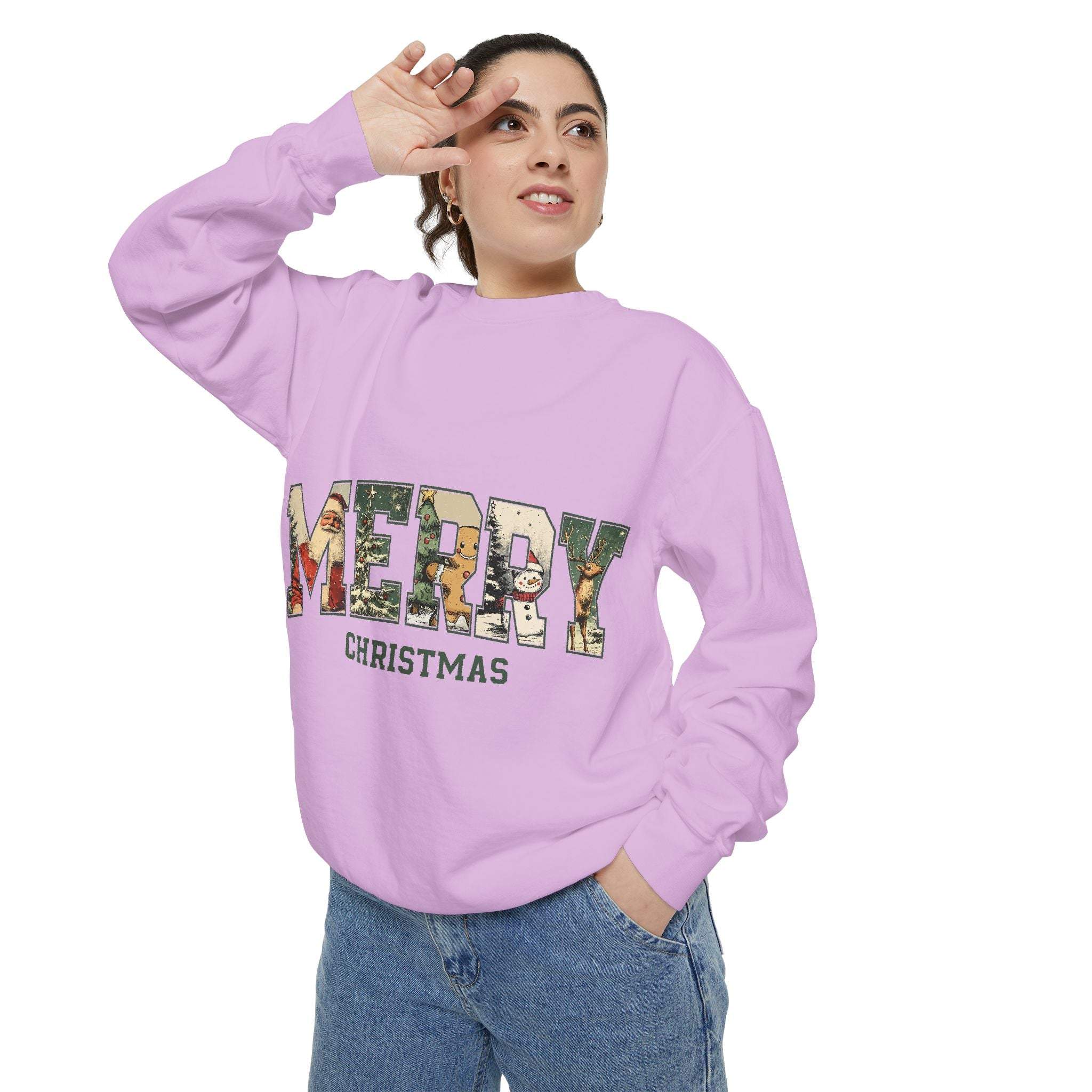 Vintage Varsity Merry Christmas sweatshirt in lavender with festive print and relaxed fit