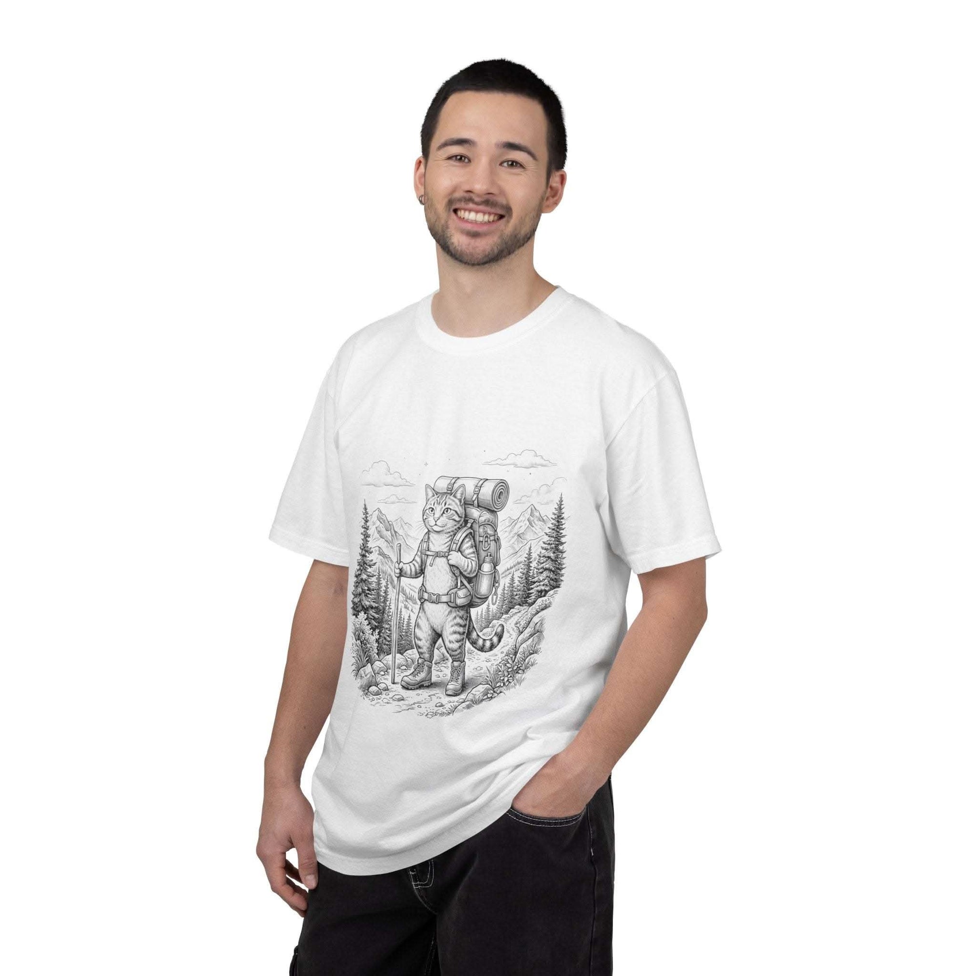 Cat Hiker vintage hiking t-shirt with backpacking cat illustration on mountain trail