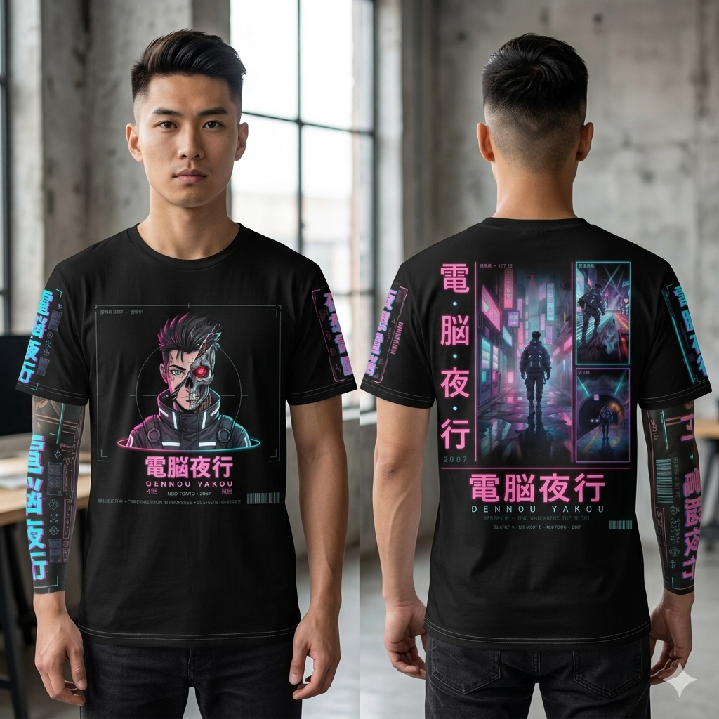 Cyberpunk all-over print cotton t-shirt with neon anime techwear graphic and futuristic cityscape design