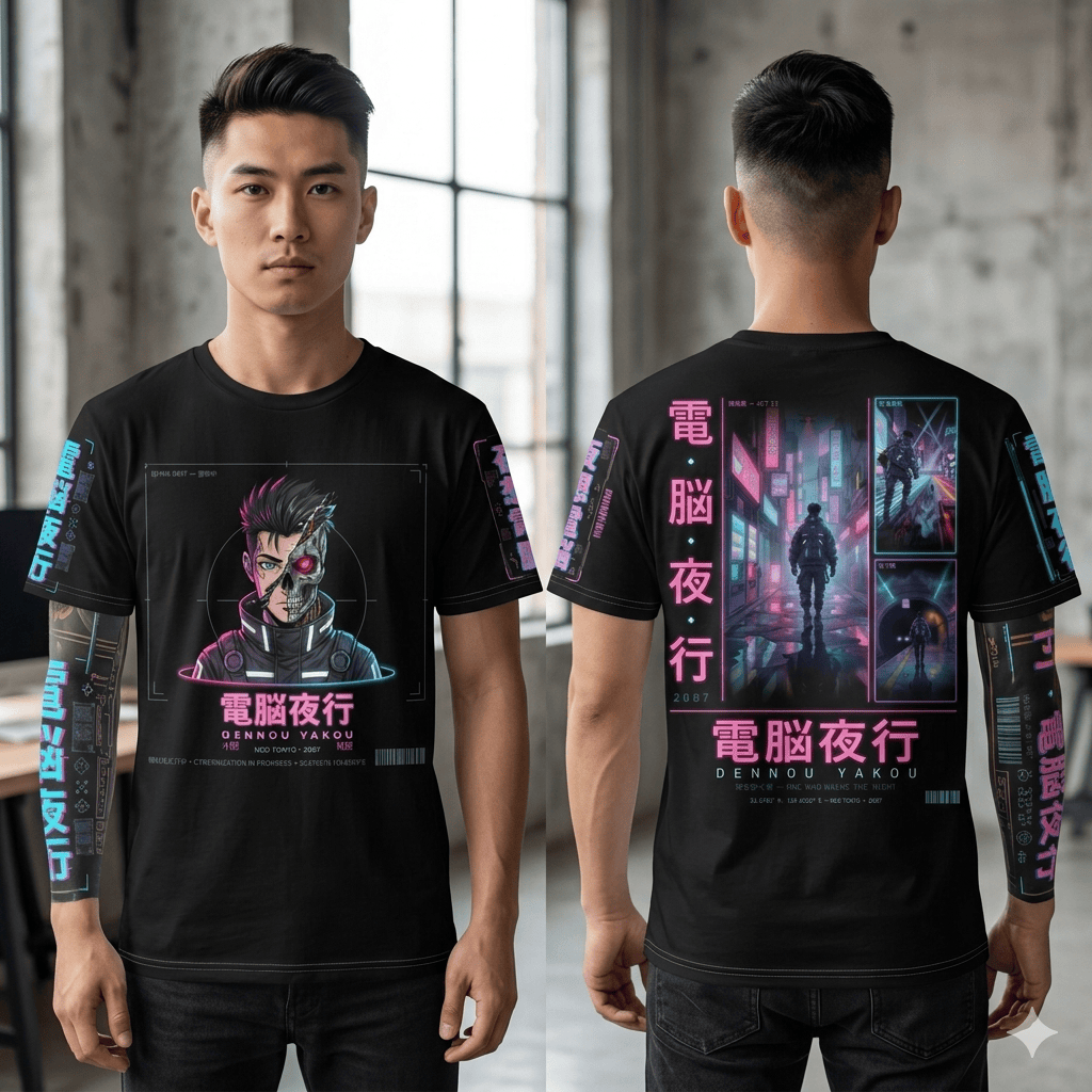 Cyberpunk all-over print cotton t-shirt with neon anime techwear graphic and futuristic cityscape design