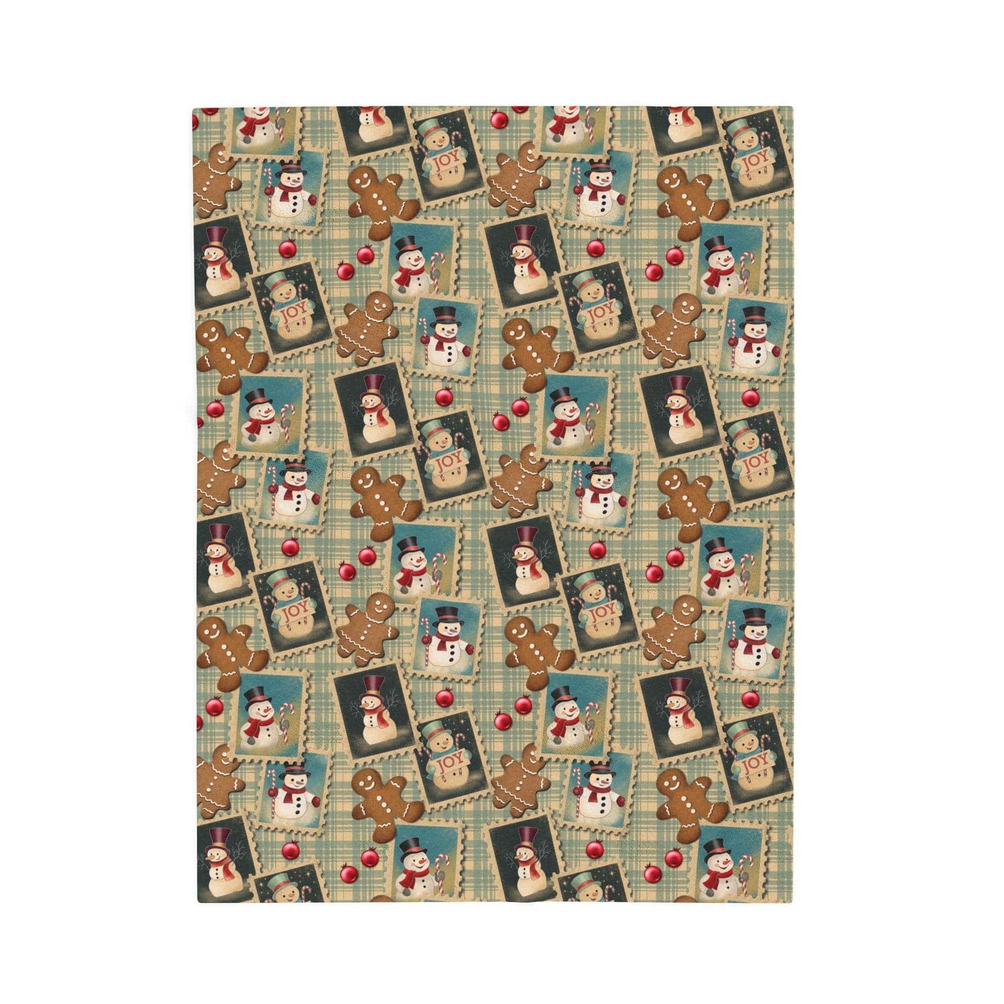 Plush blanket with retro Christmas watercolor design featuring snowmen, gingerbread men, and holiday motifs for cozy winter decor