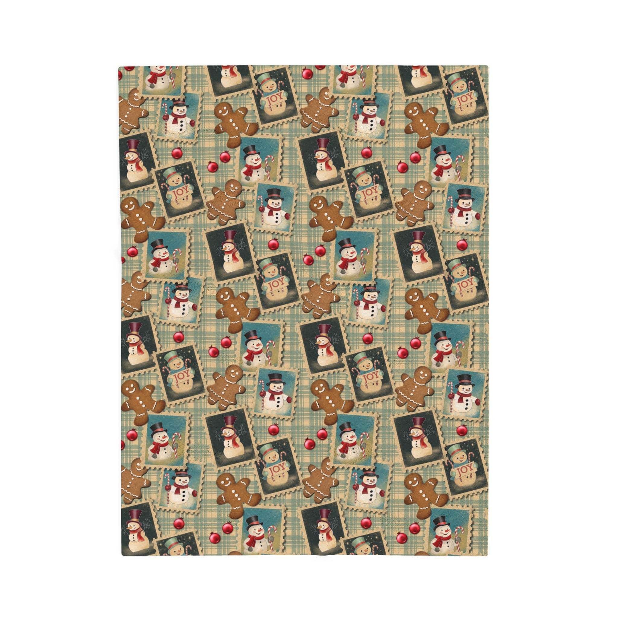 Plush blanket with retro Christmas watercolor design featuring snowmen, gingerbread men, and holiday motifs for cozy winter decor