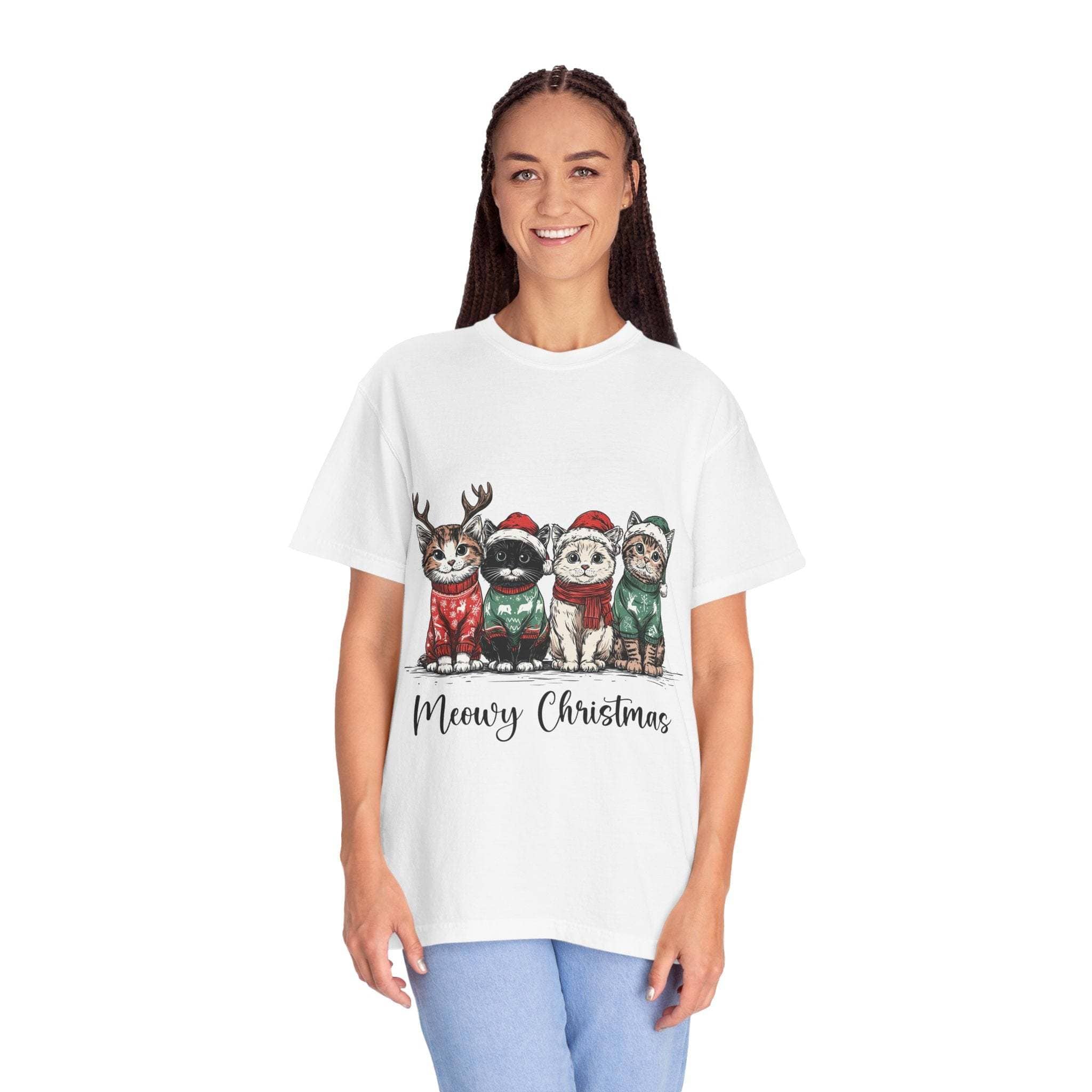 Bay Cat Lover T-shirt with Meowy Christmas design from Printify, perfect festive gift for cat enthusiasts.