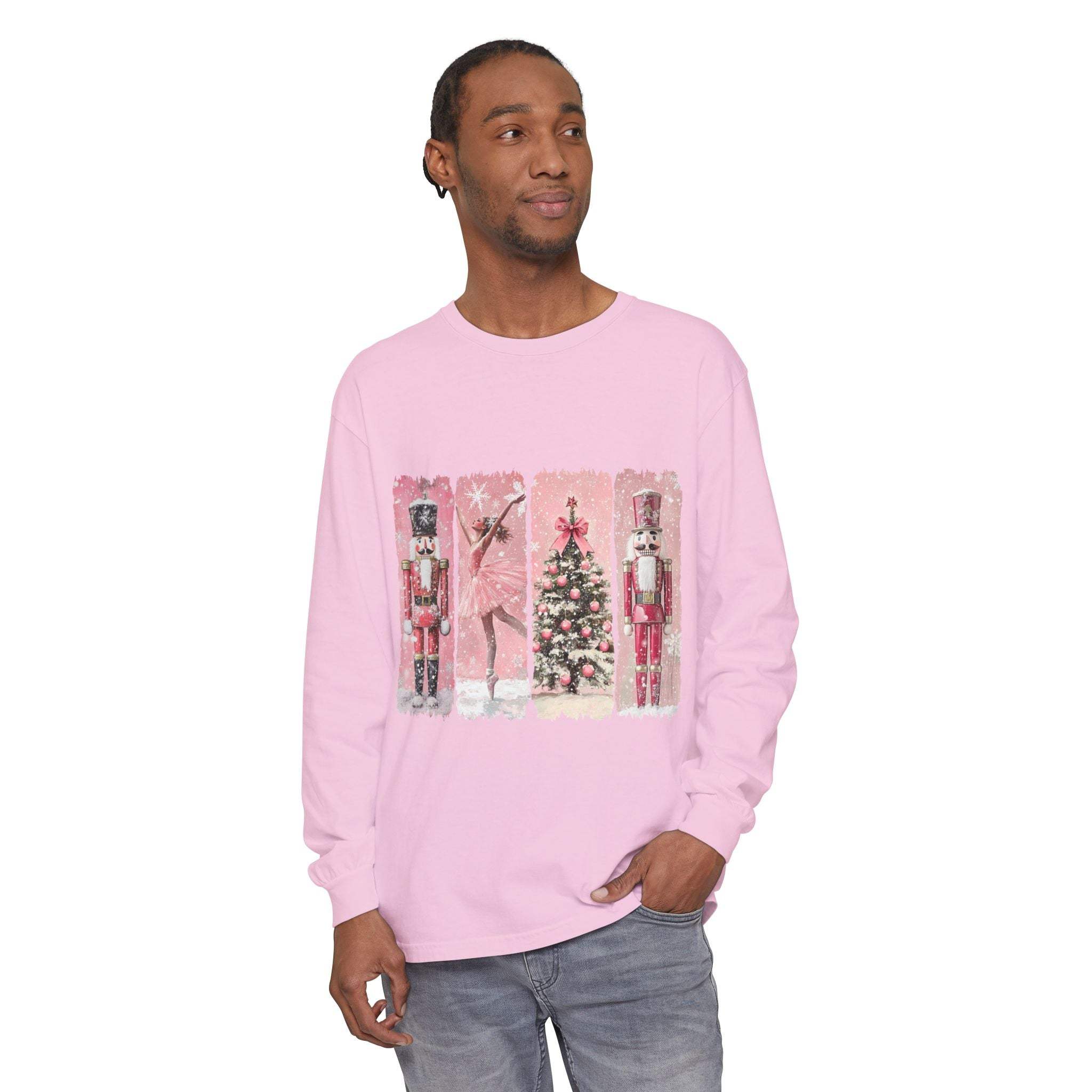 Preppy pink long sleeve t-shirt with watercolor Nutcracker Christmas design