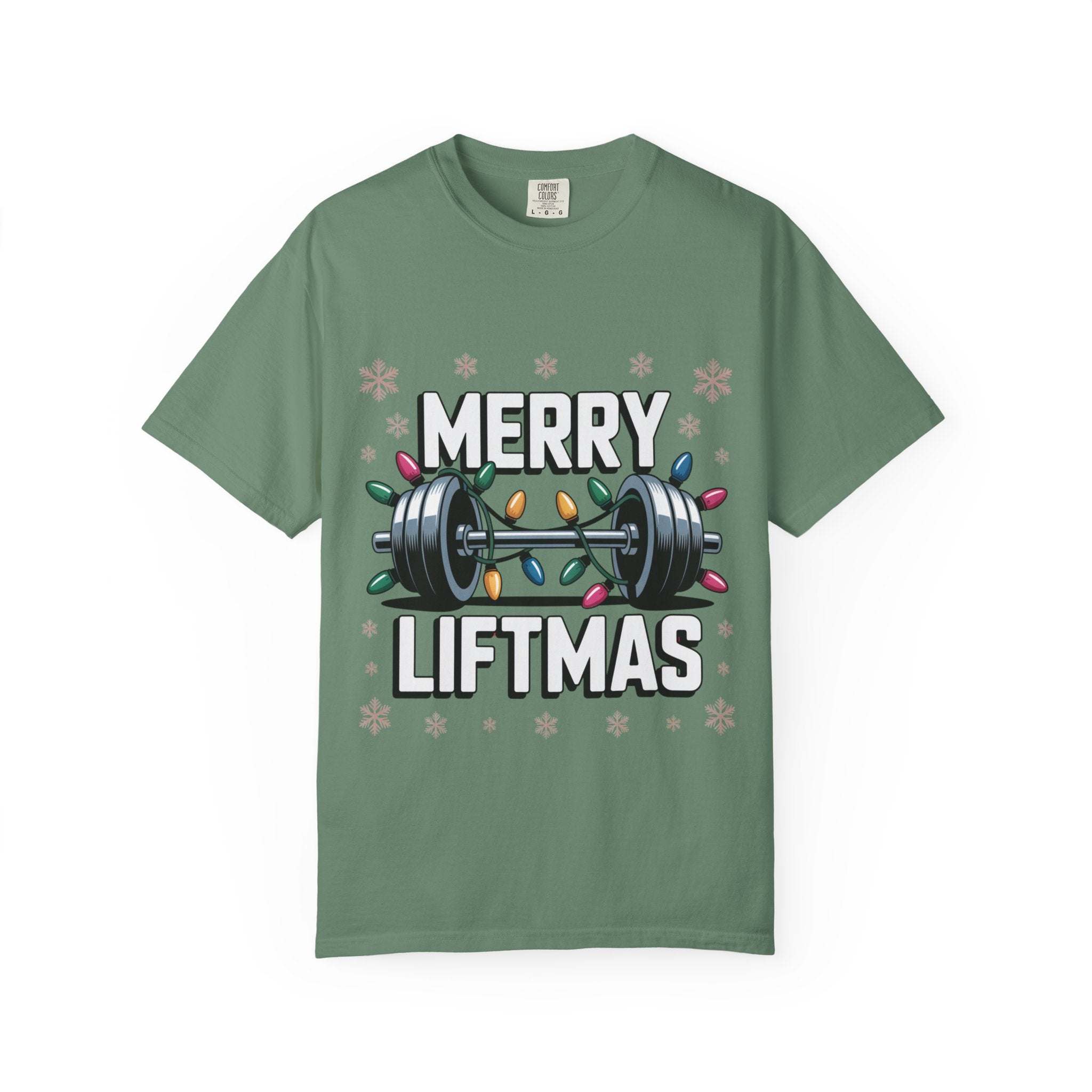 Green Christmas Workout T-shirt with Merry Liftmas barbell and holiday lights design