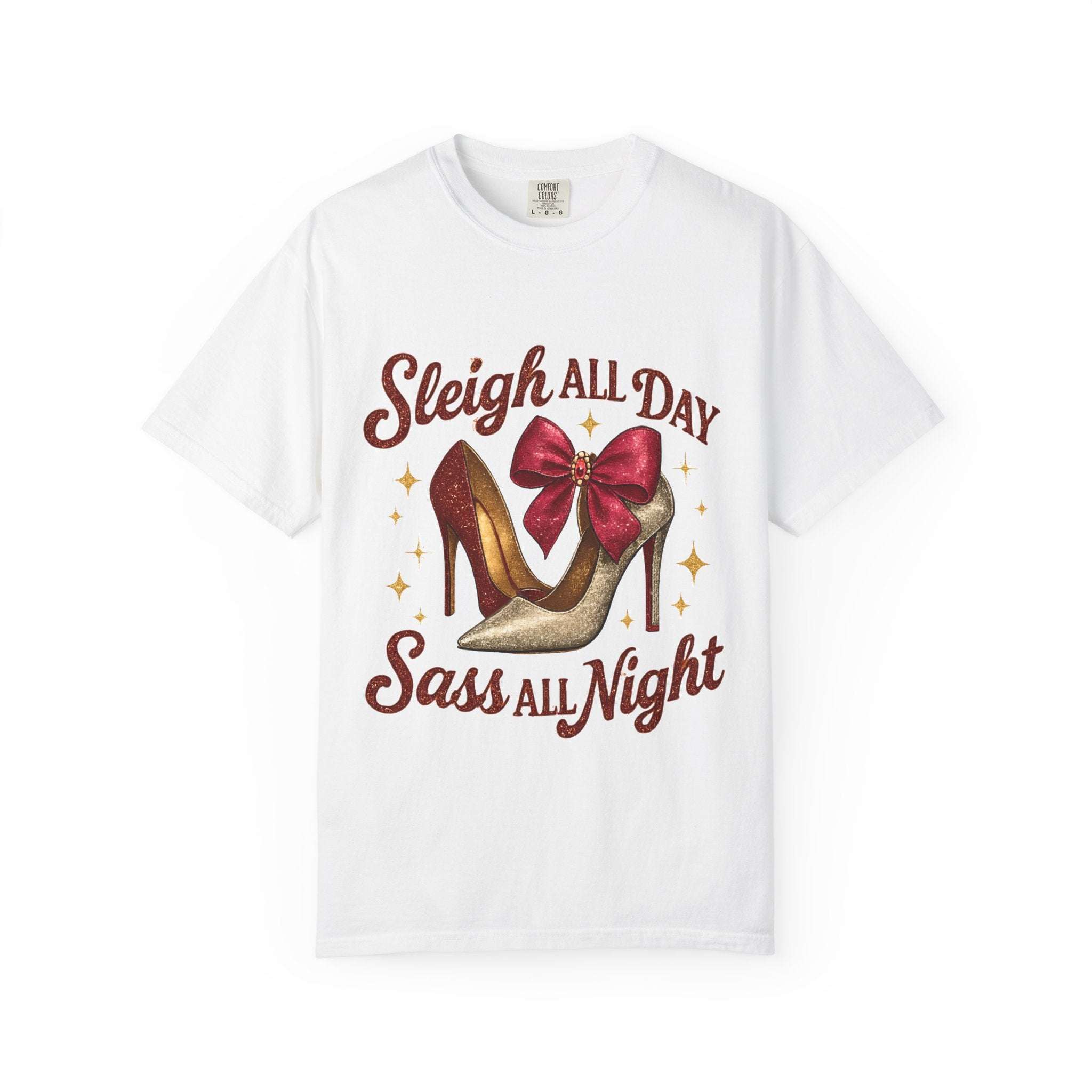 White Sass All Night T-shirt with high heel graphic and festive text design