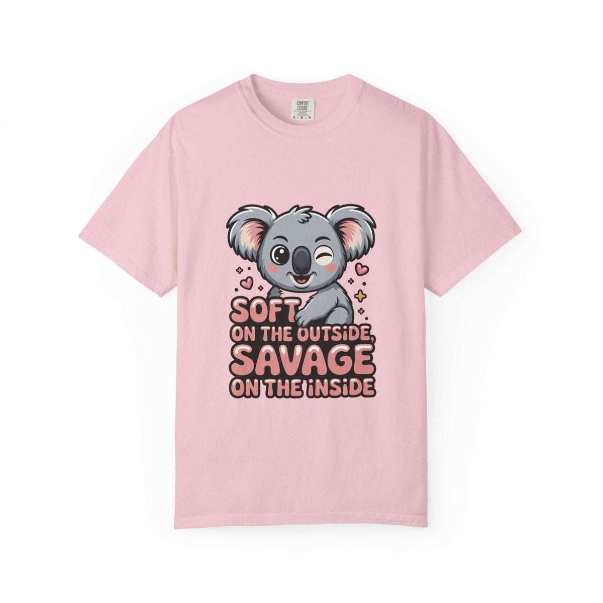 Pink t-shirt with cute koala and "Soft on the Outside Savage on the Inside" graphic design