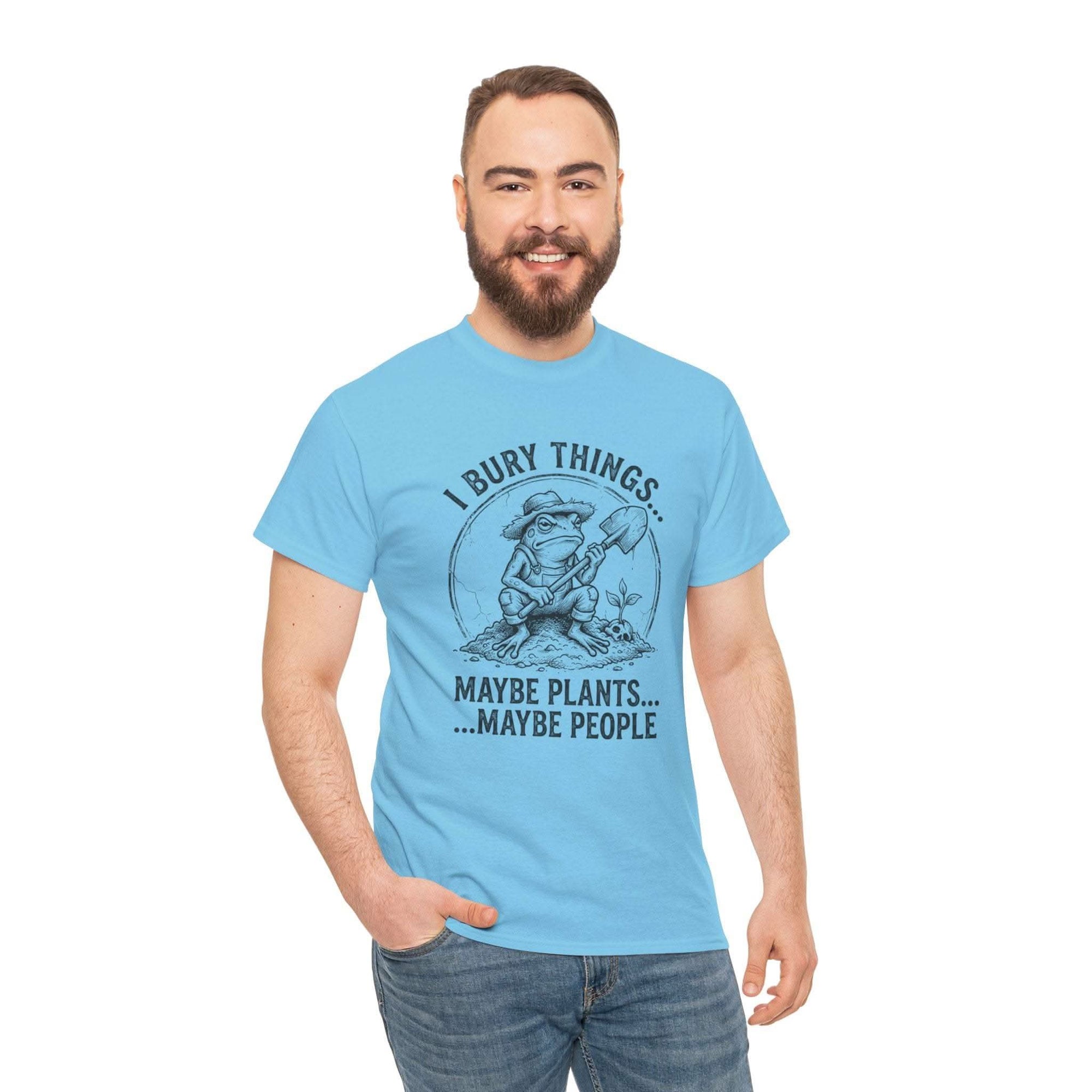I Bury Things funny gardener t-shirt with gnome digging and dark humor text