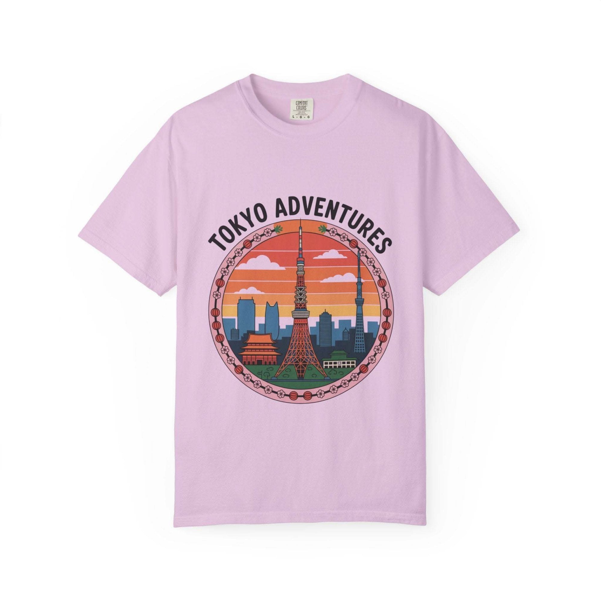 Garment-dyed purple Tokyo Adventures travel T-shirt with Japanese cityscape design