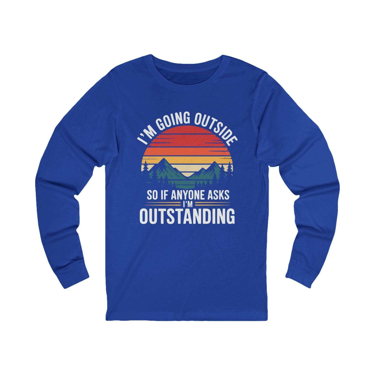 Long sleeve hiking t-shirt with vintage sunset mountains graphic and outdoor adventure text