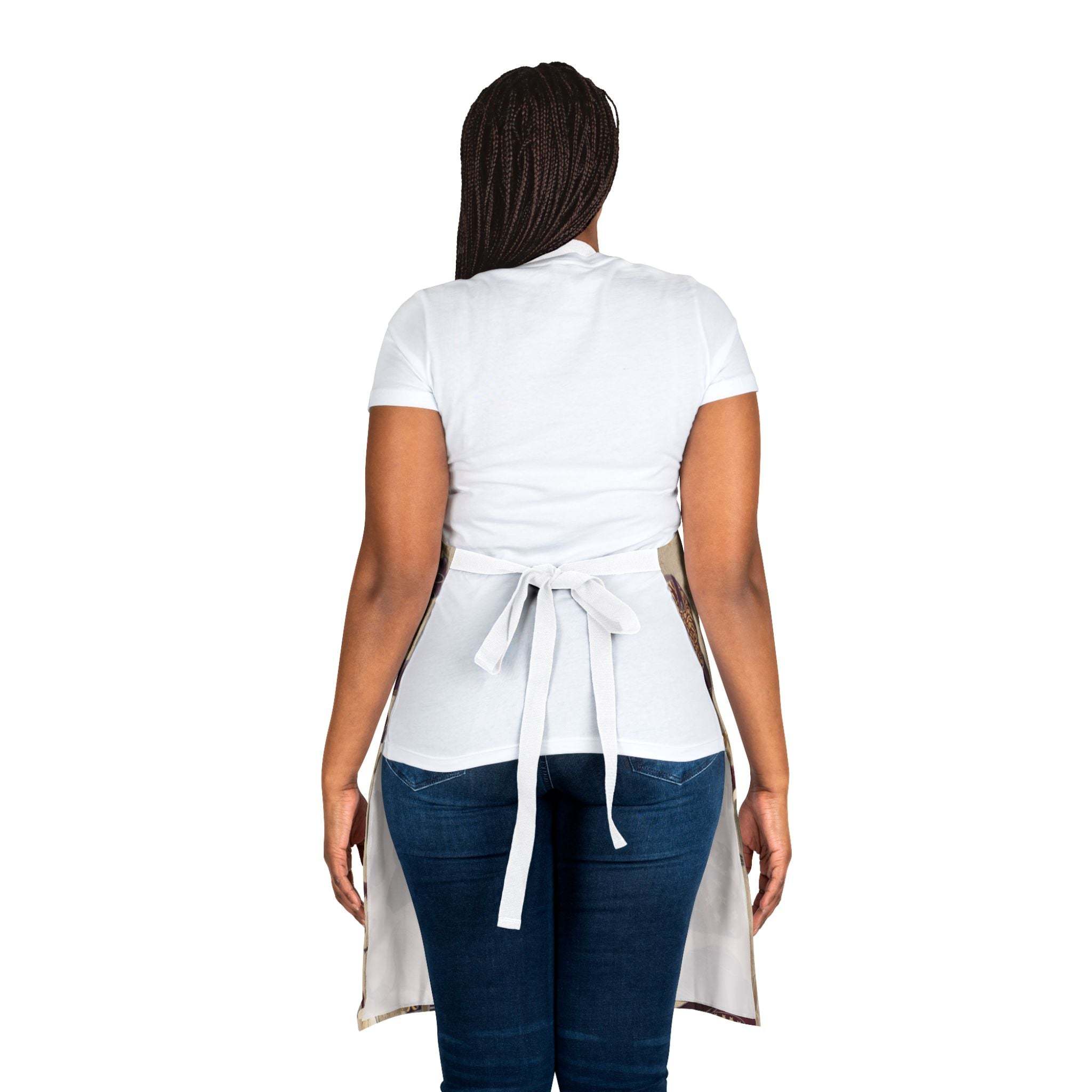Back view of person wearing tie-back Cowboy Christmas apron with white top and jeans