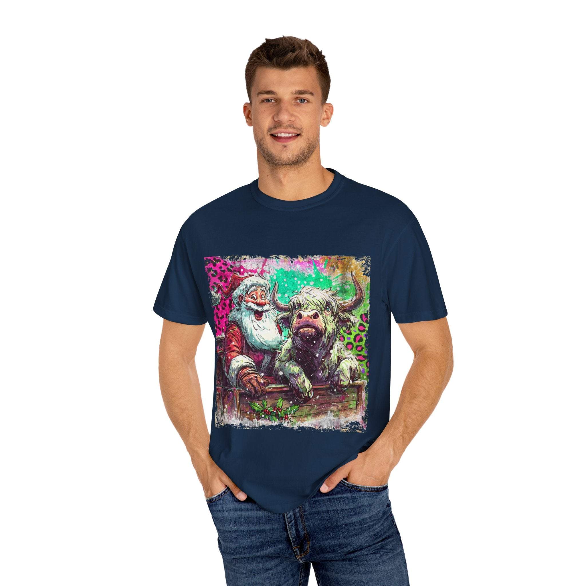 Retro Santa and Highland Cow graphic on a black t-shirt by Printify, perfect for festive holiday wear.