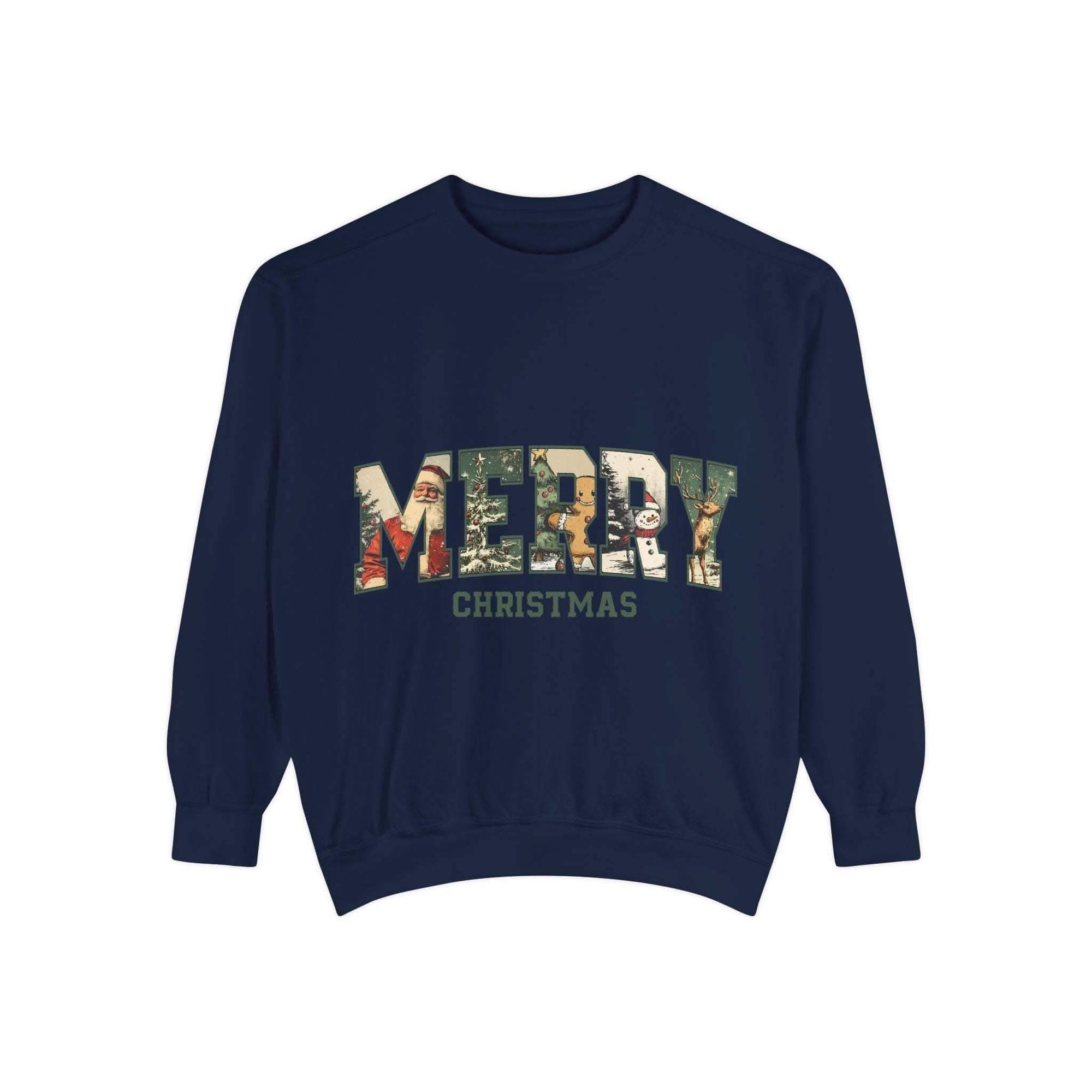 White vintage varsity Merry Christmas sweatshirt by Printify, featuring festive holiday lettering