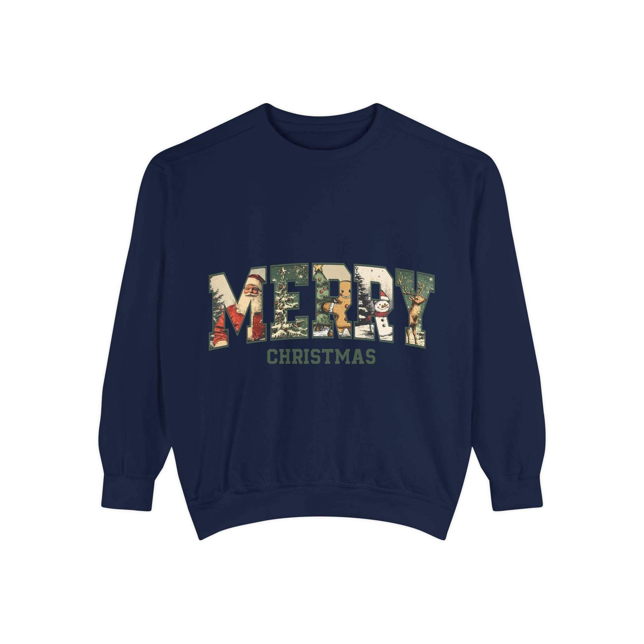 White vintage varsity Merry Christmas sweatshirt by Printify, featuring festive holiday lettering