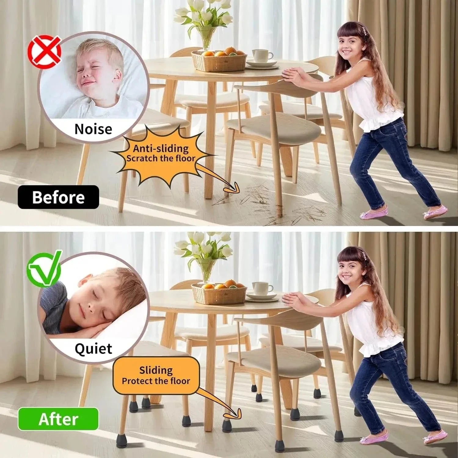 Before and after comparison showing noise reduction and floor protection using chair leg protectors on wooden floor with children playing nearby