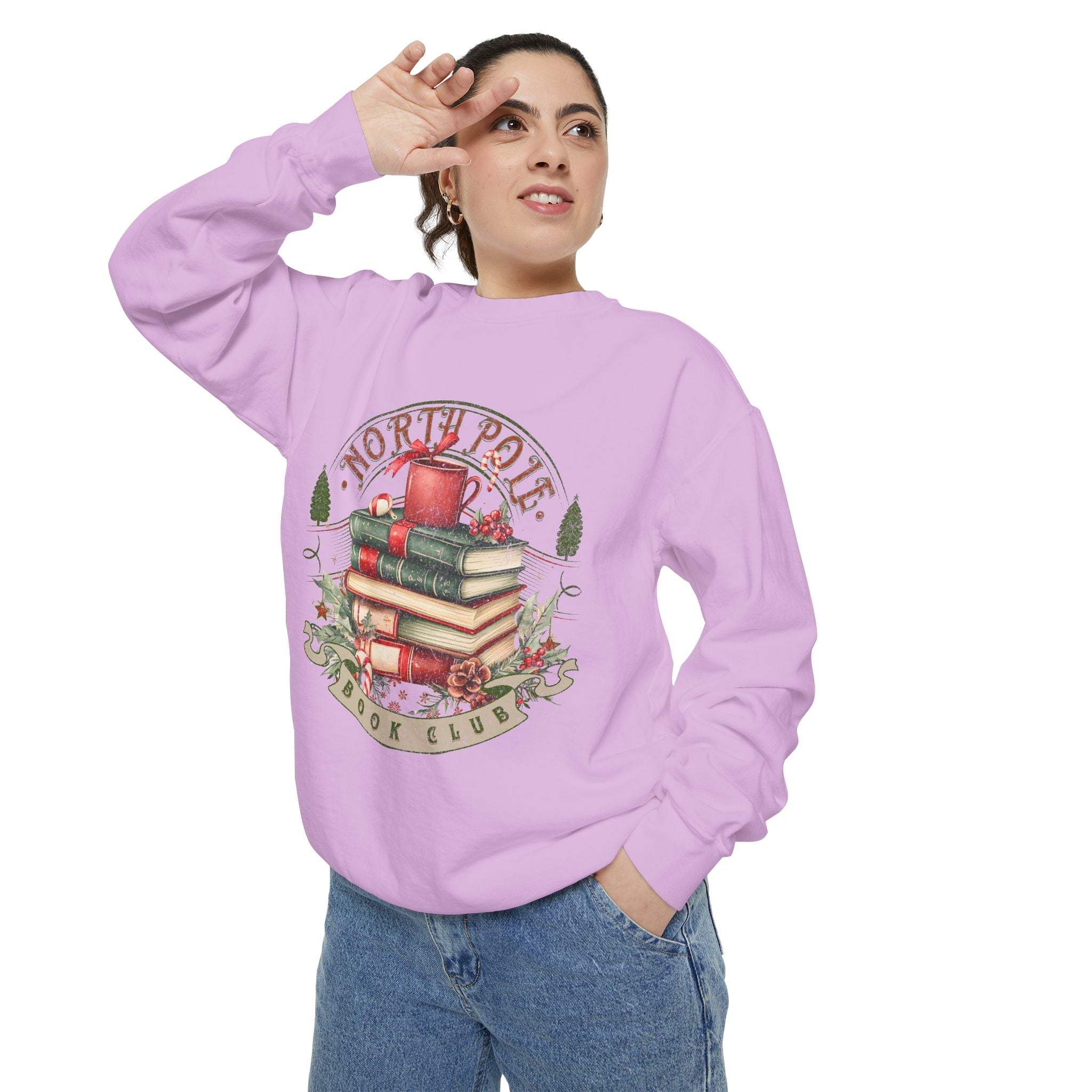 Vintage North Pole Book Club sweatshirt with cozy holiday design and soft cotton blend