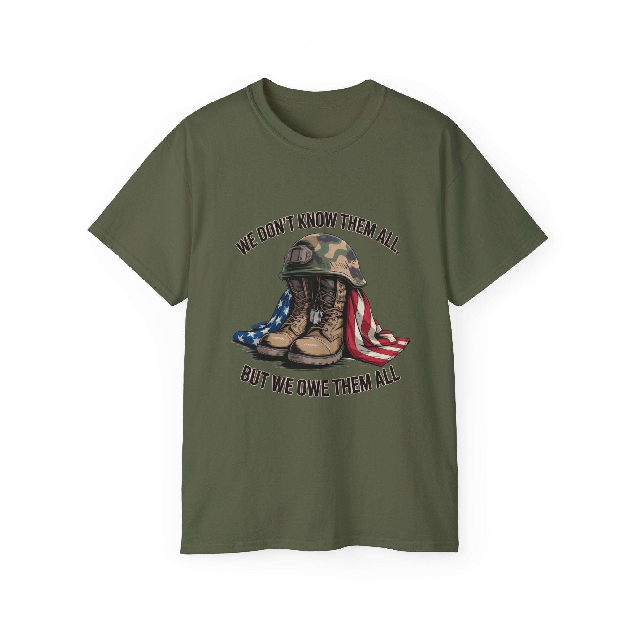 Unisex veteran T-shirt with army boots, helmet, and American flag design with patriotic slogan