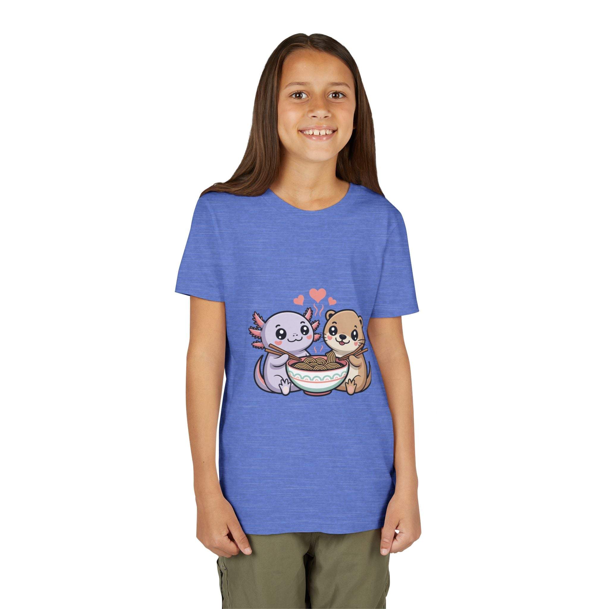 Cute Kawaii Animal Kids Shirt with axolotl and otter eating ramen illustration on lightweight cotton tee