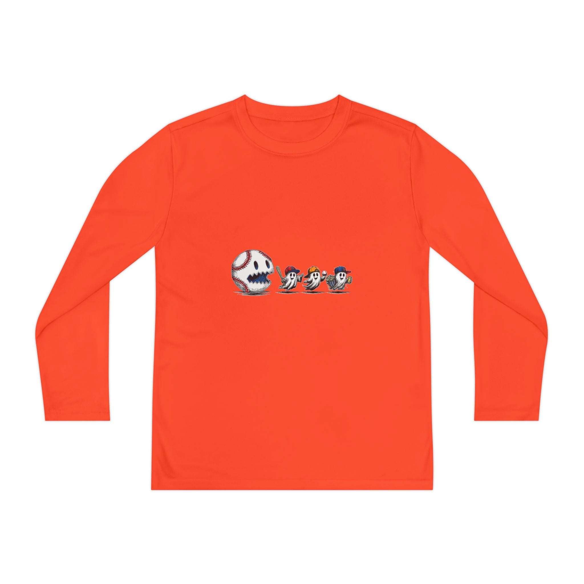 Atomic Blue long sleeve youth tee featuring festive Halloween ghosts and baseball design by Printify