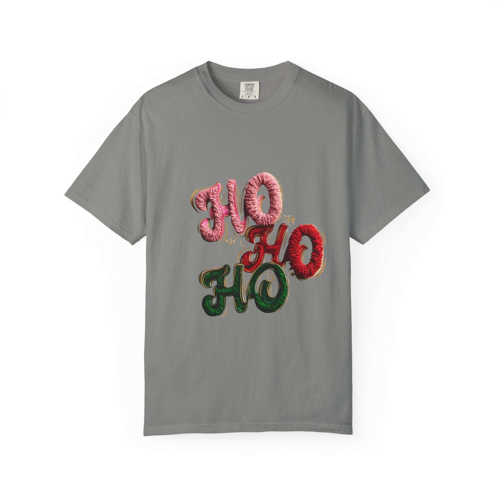 White Christmas graphic tee featuring faux puffy crochet 'Ho, Ho, Ho' design by Printify
