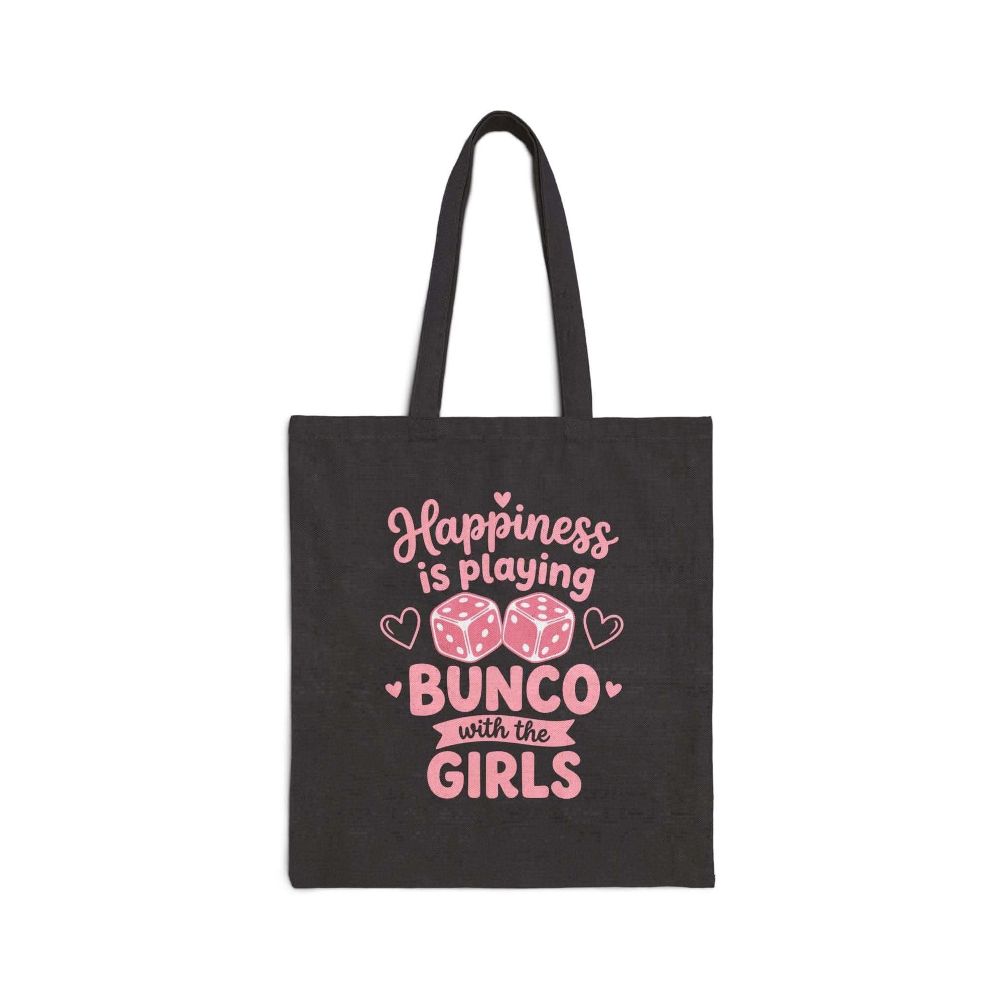 Happiness is Playing Bunco canvas tote bag with dice night design for game enthusiasts