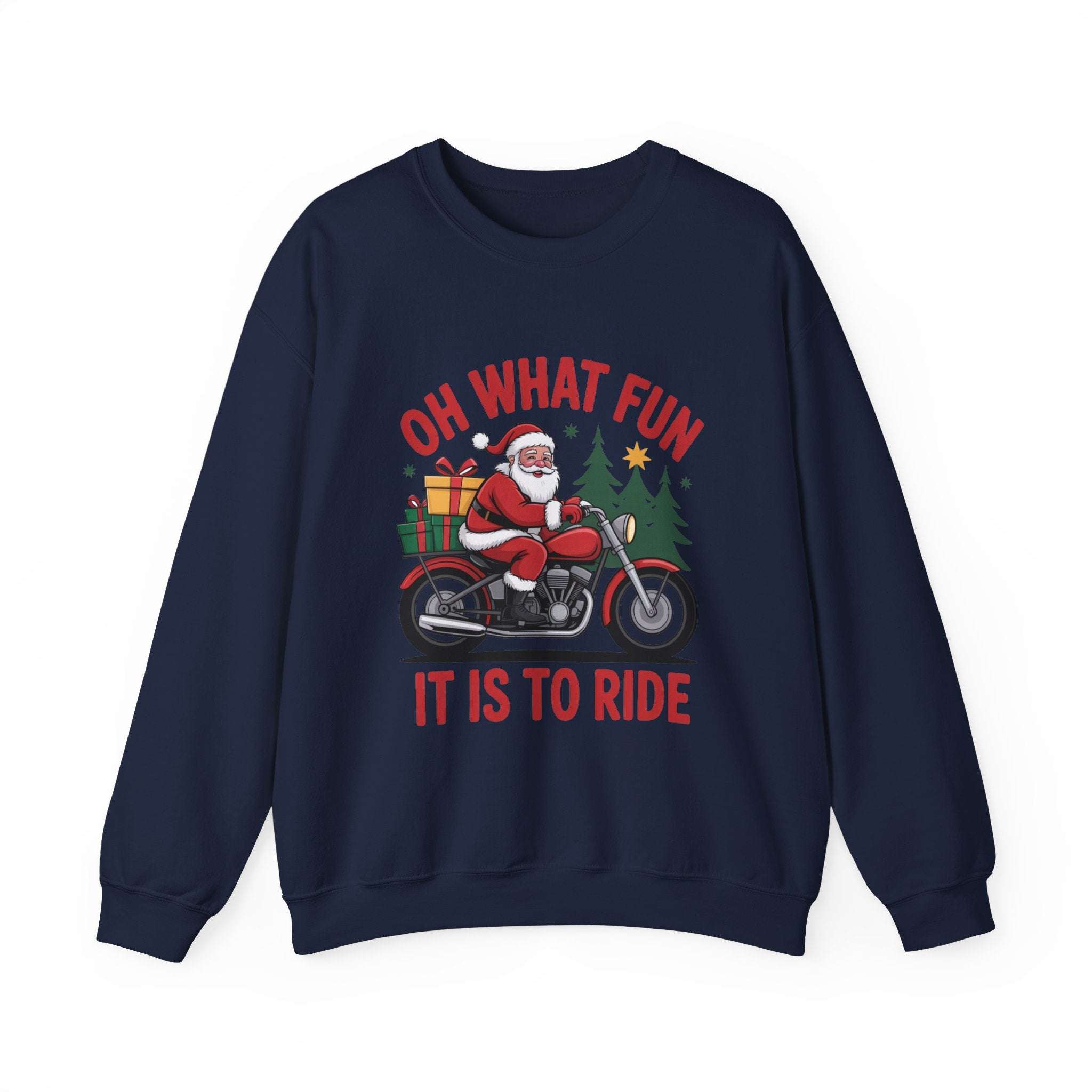 Black crewneck sweatshirt featuring a Santa motorcycle graphic by Printify, perfect for cozy winter wear.