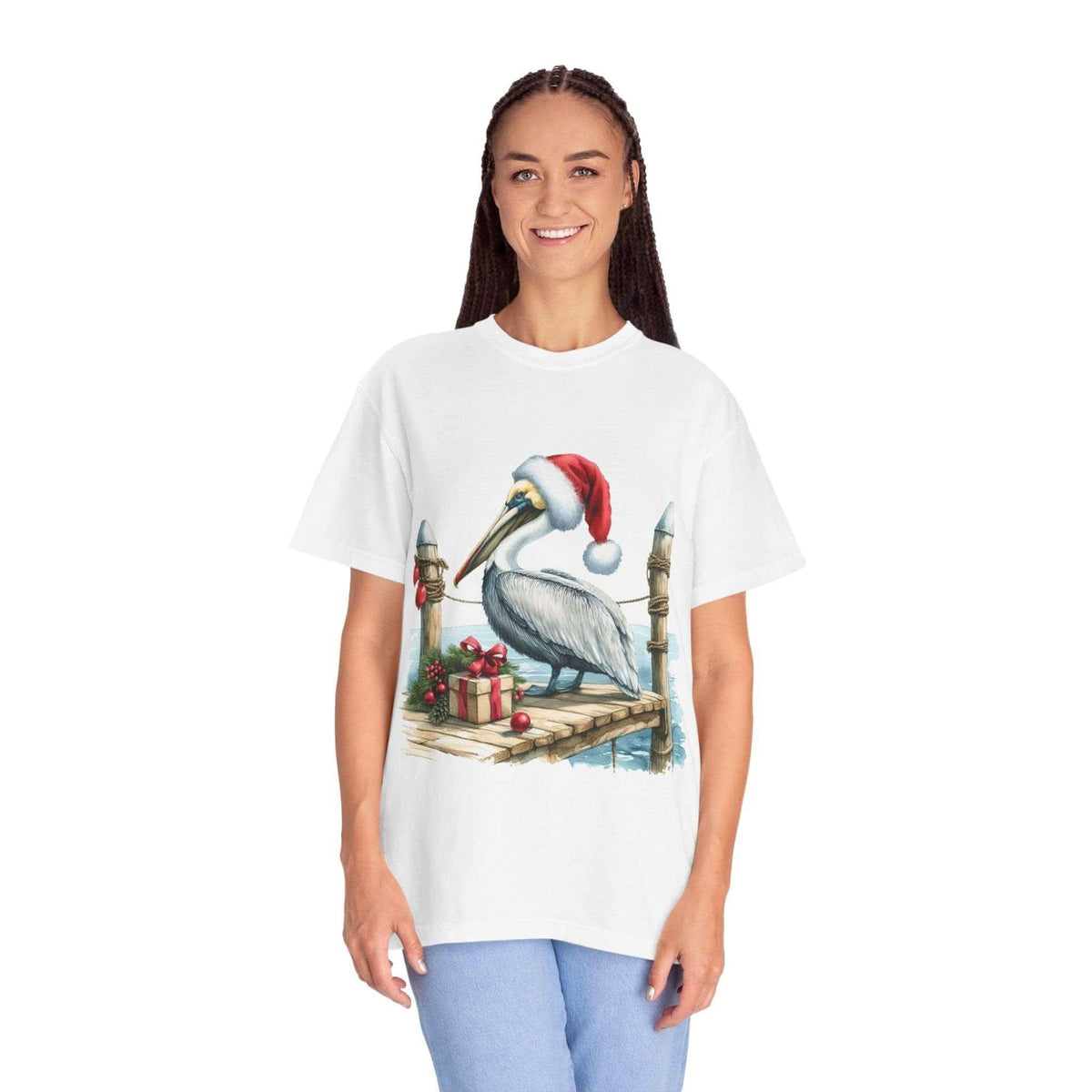 Woman wearing white Christmas Pelican Santa T-Shirt with pelican in Santa hat and holiday gifts design