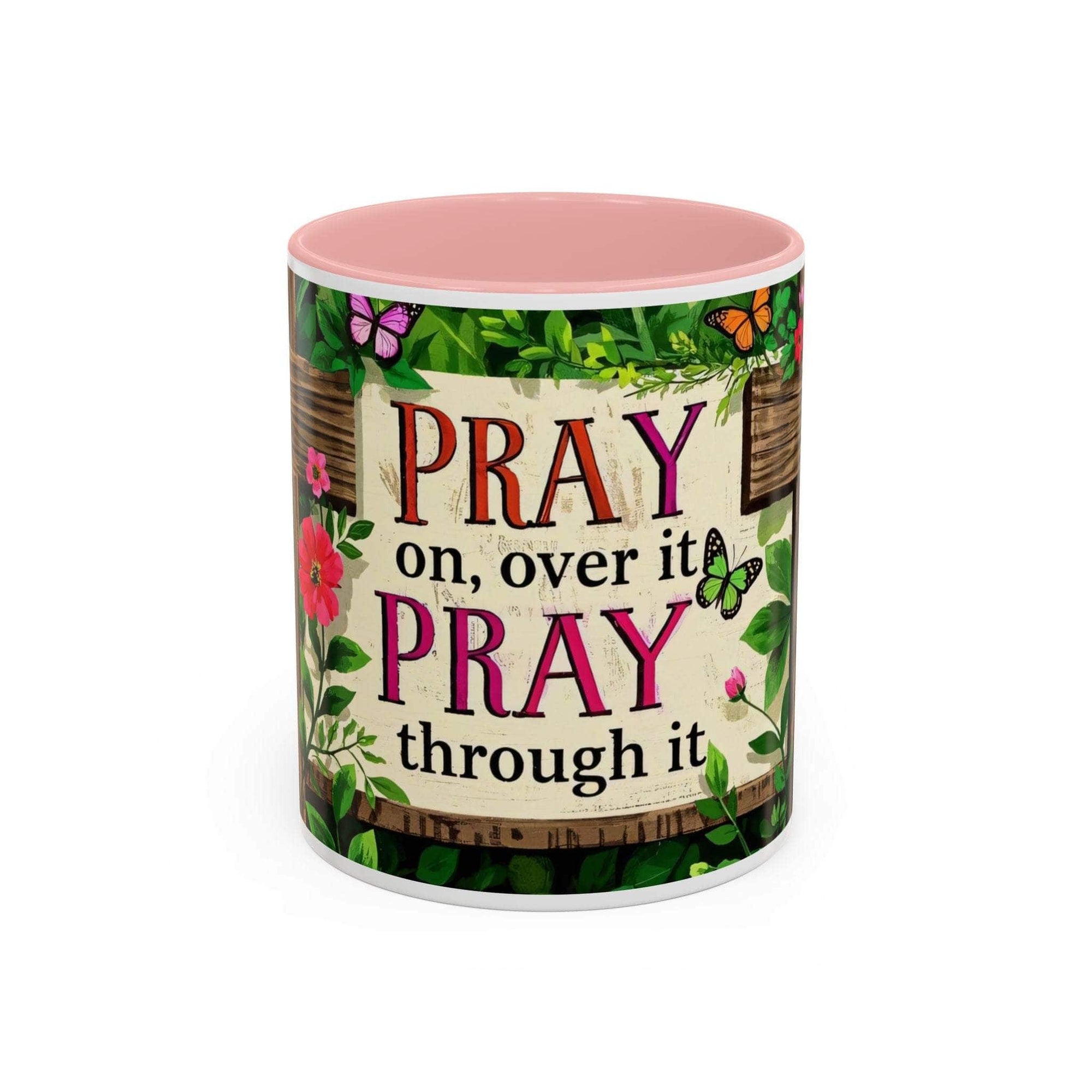 Mug with floral design and motivational quote on a white background