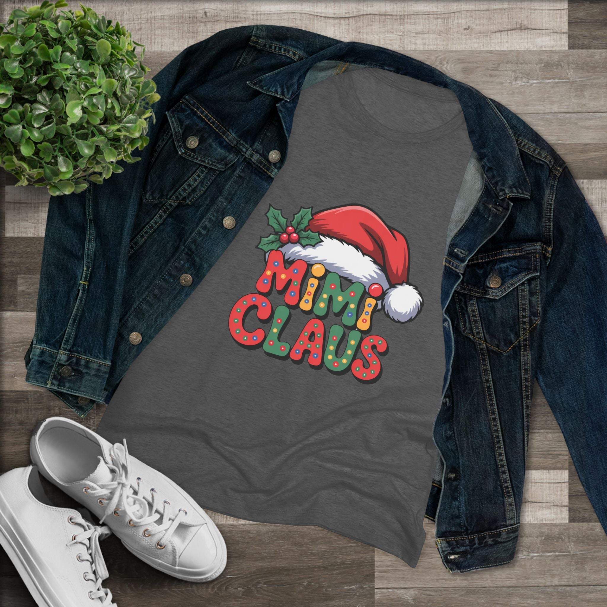 Women T-shirt with festive Mimi Claus design and Santa hat in soft triblend fabric for Christmas holiday