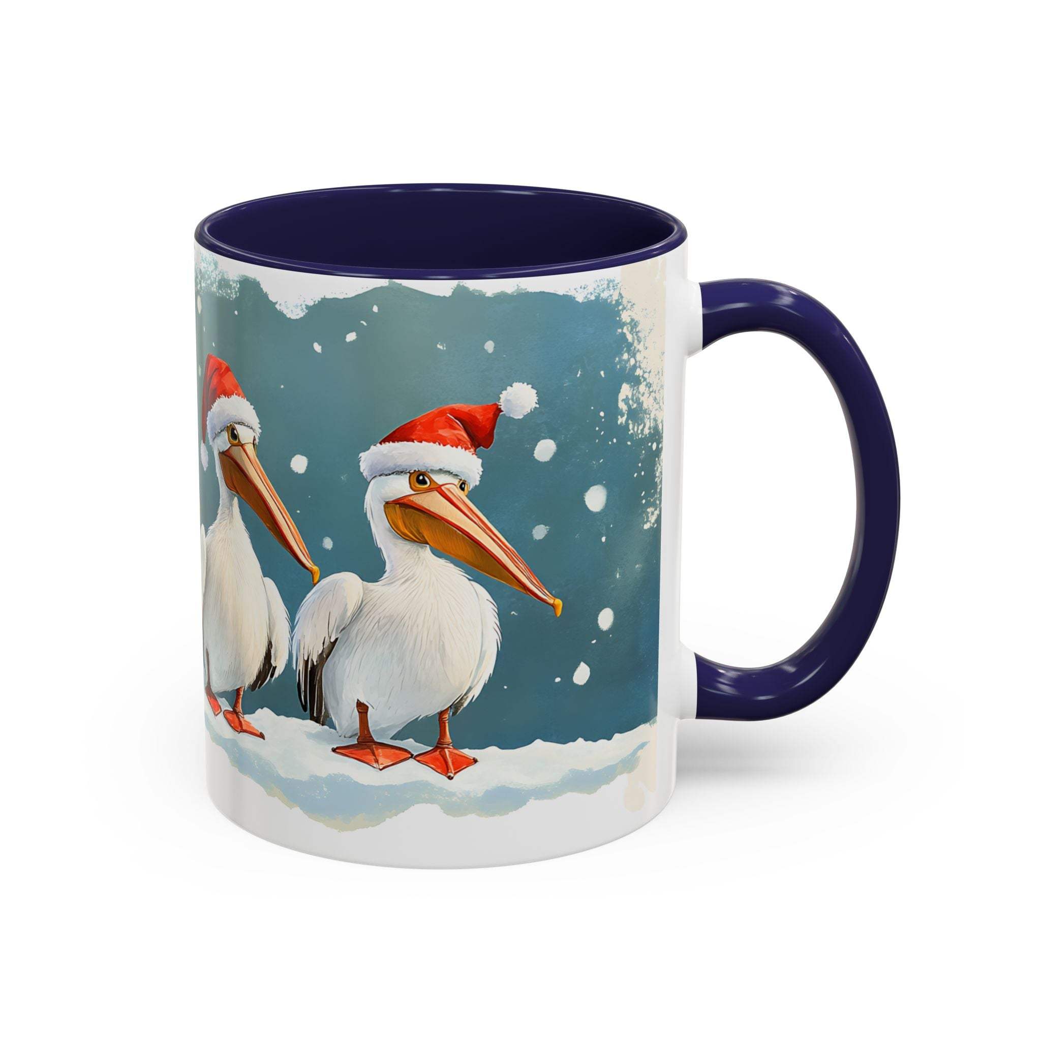 Mug with Christmas design featuring two pelicans wearing Santa hats on a snowy background.
