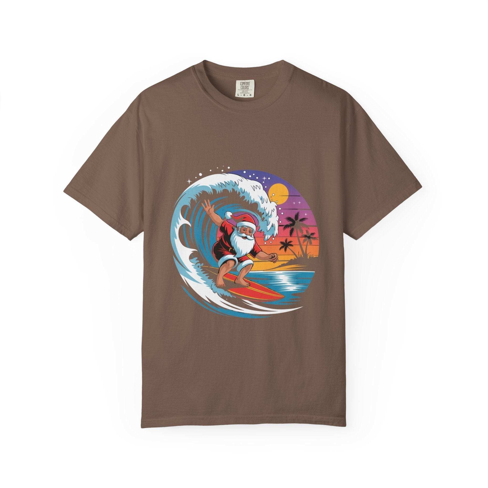 Black cotton t-shirt featuring a festive surfing Santa design from Printify