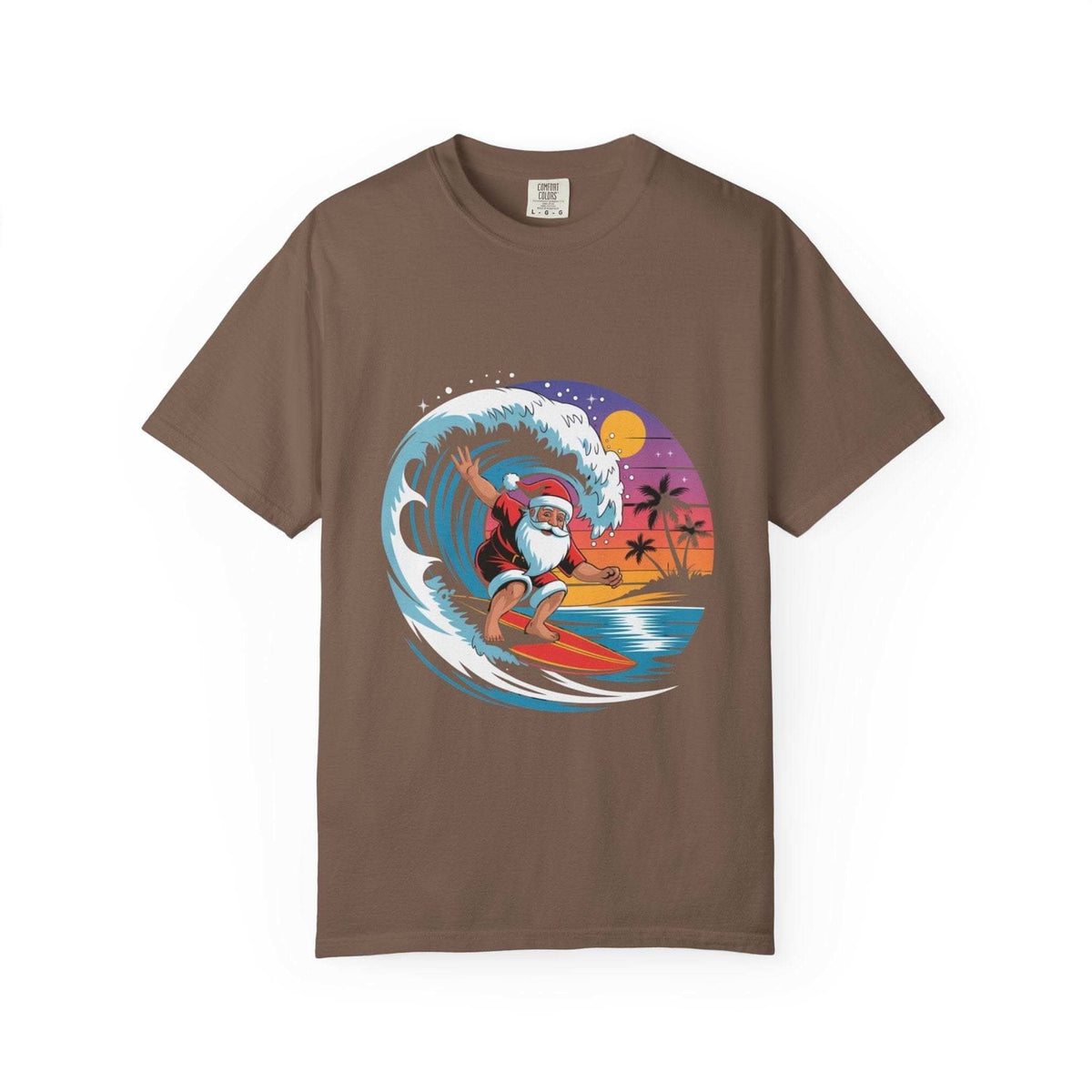 Black cotton t-shirt featuring a festive surfing Santa design from Printify