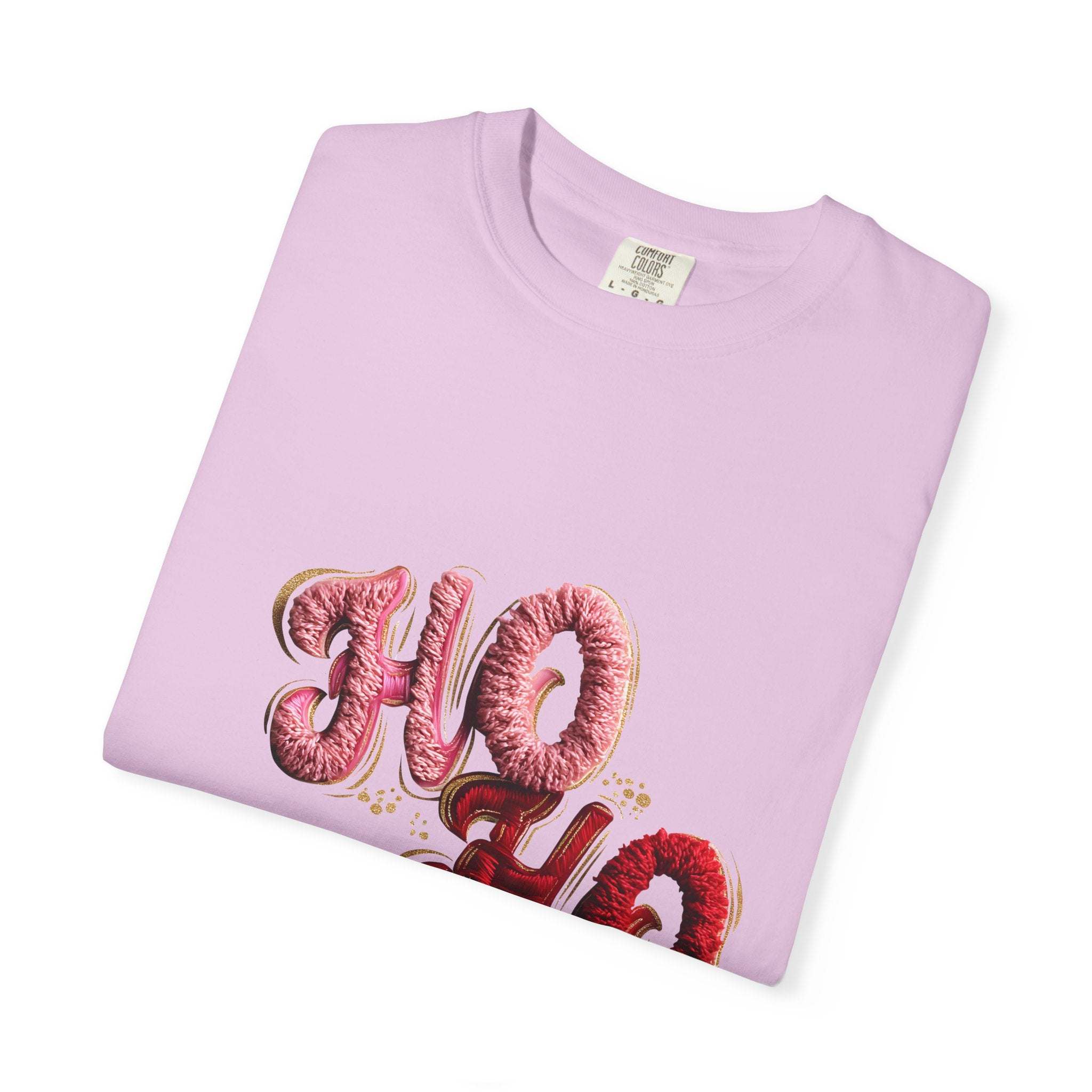 White Christmas graphic tee featuring faux puffy crochet 'Ho, Ho, Ho' design by Printify